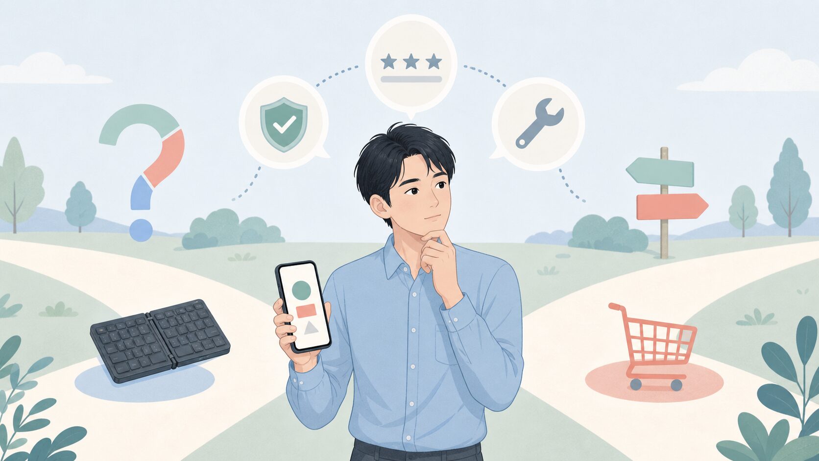 購入前の不安を整理する人のイラスト
