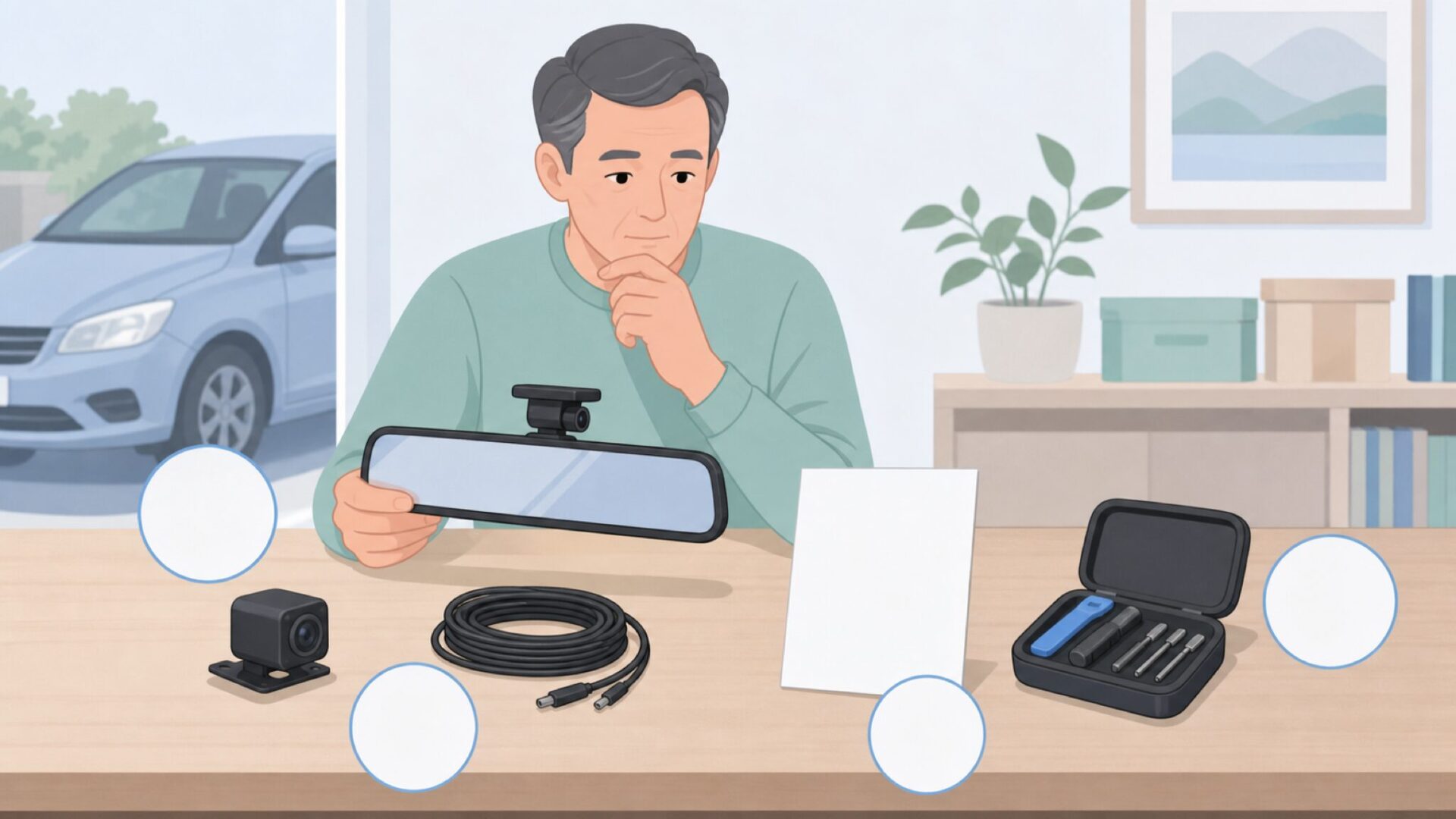 ミラー型ドラレコの購入基準を確認する場面