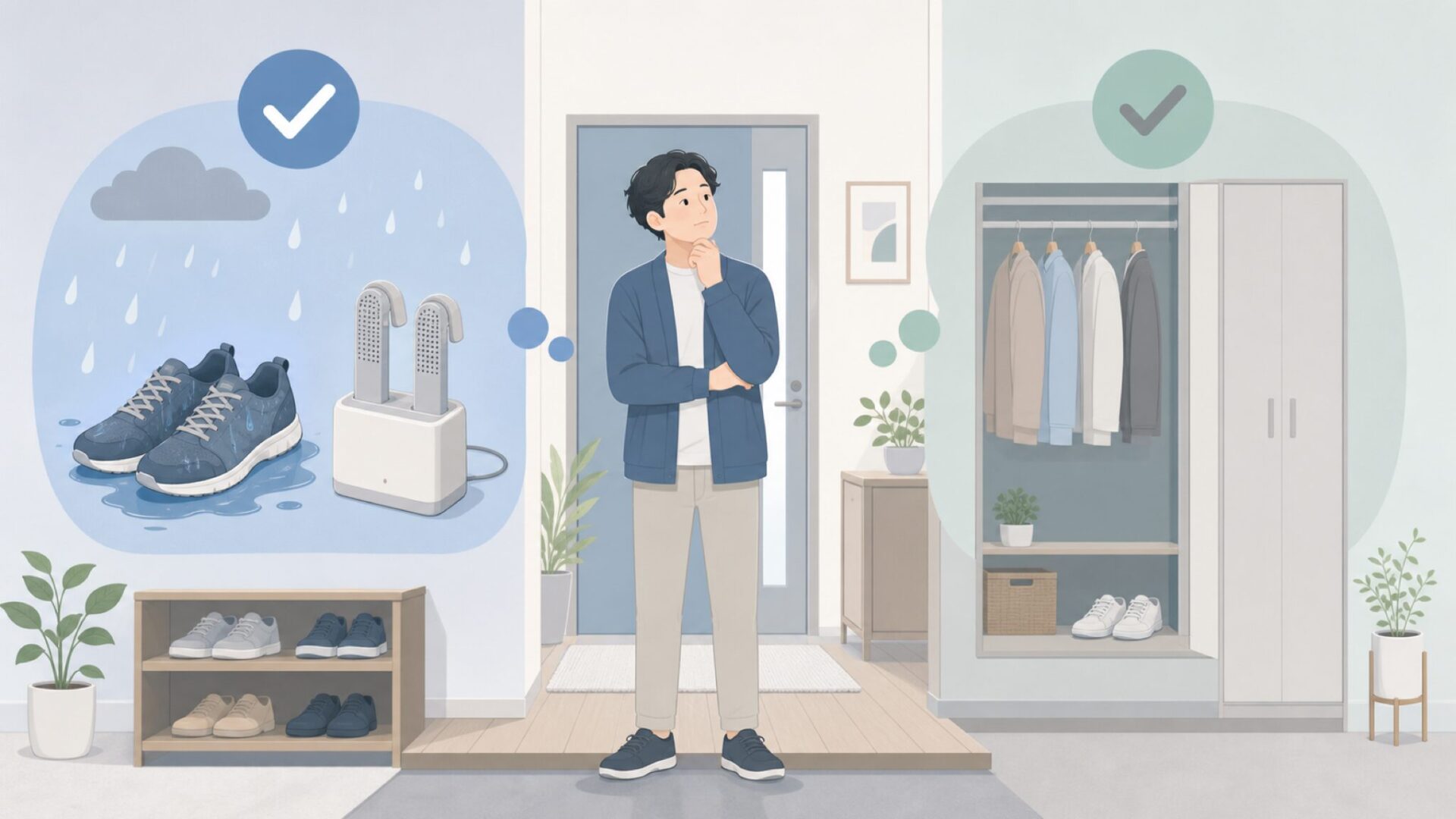 靴乾燥機が必要か判断する人のイラスト