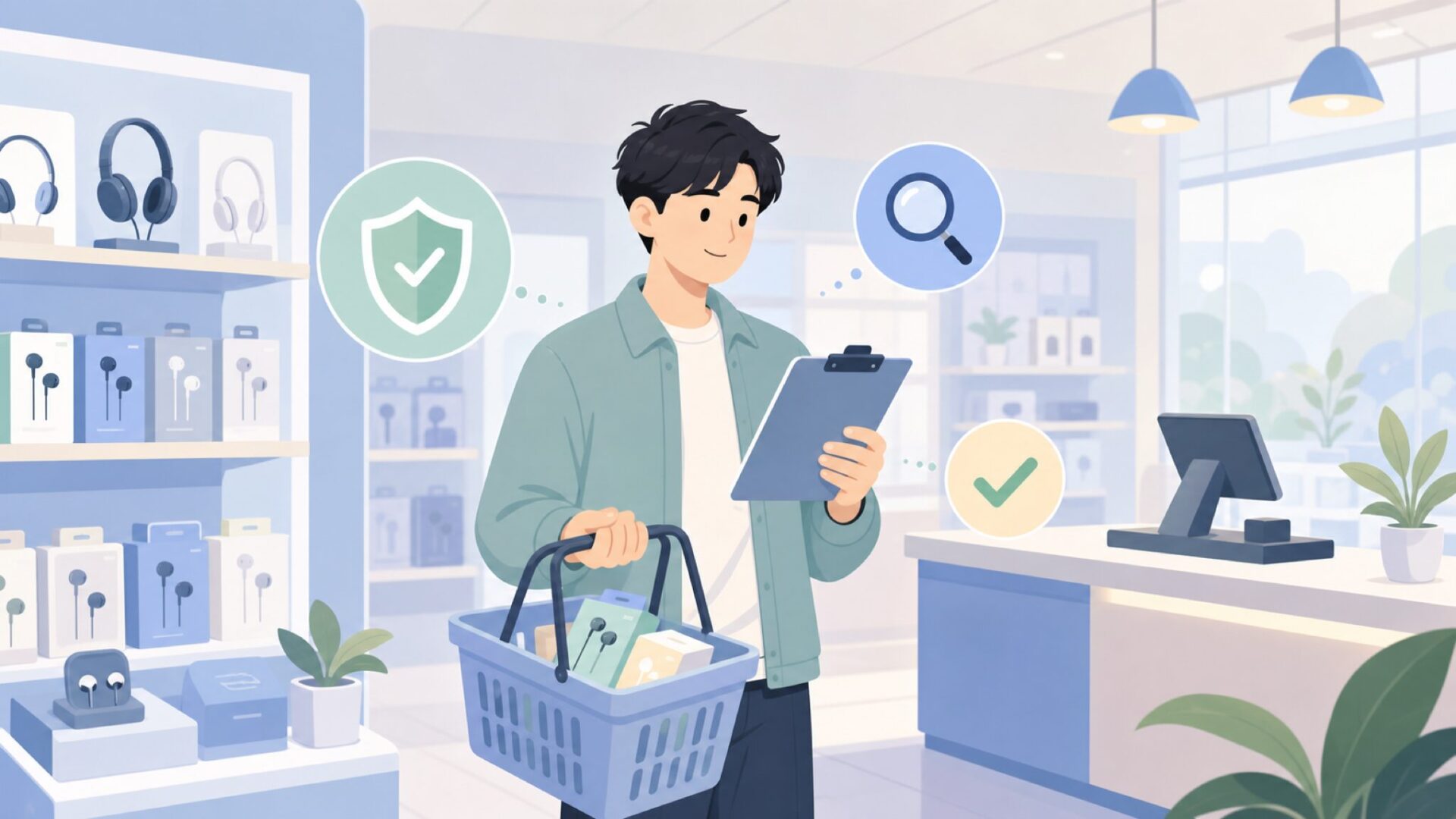 家電量販店でチェックリストを見ながらイヤホンを選ぶ男性のイラスト