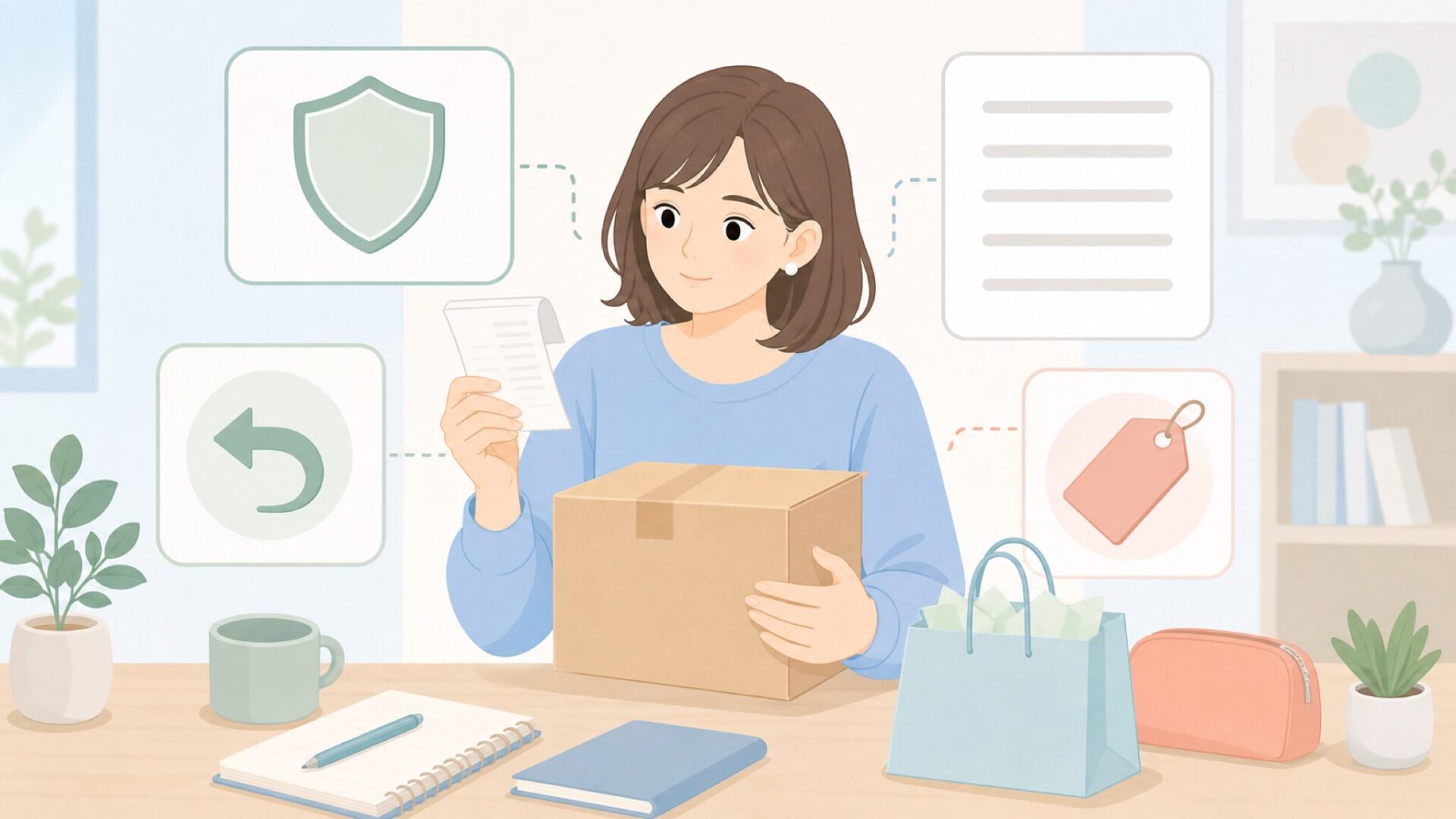 返品や保証を確認して購入判断するイラスト