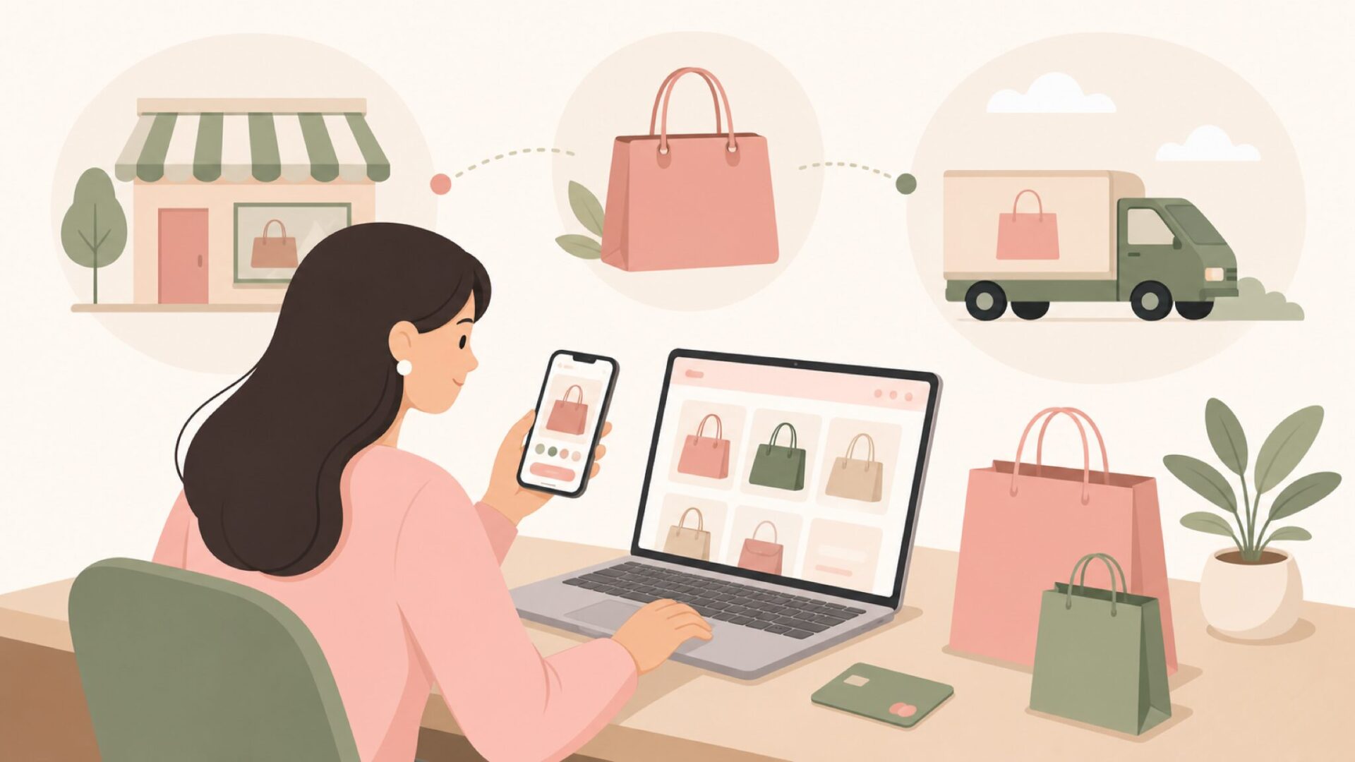 オンラインショッピングと実店舗の購入方法を示すイラスト