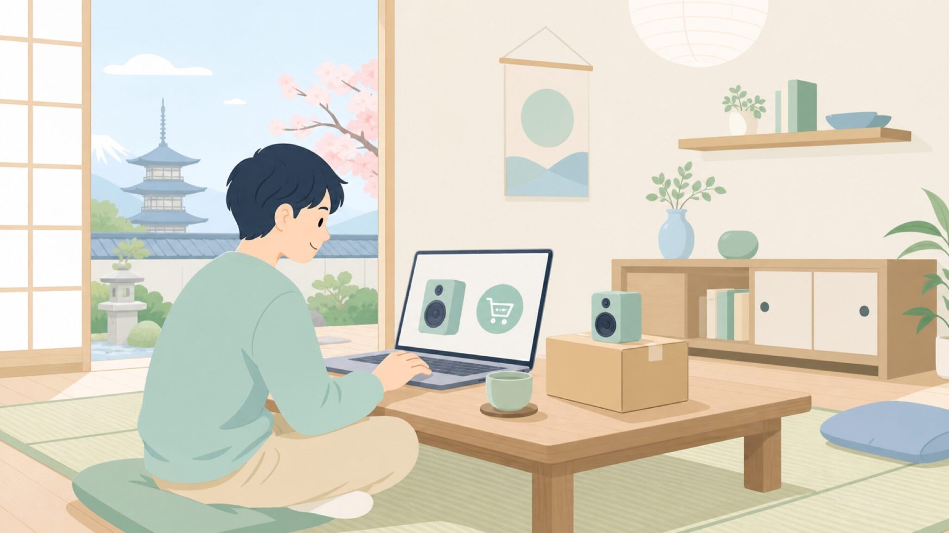 スマートフォンでオンラインショッピングをする人のフラットイラスト
