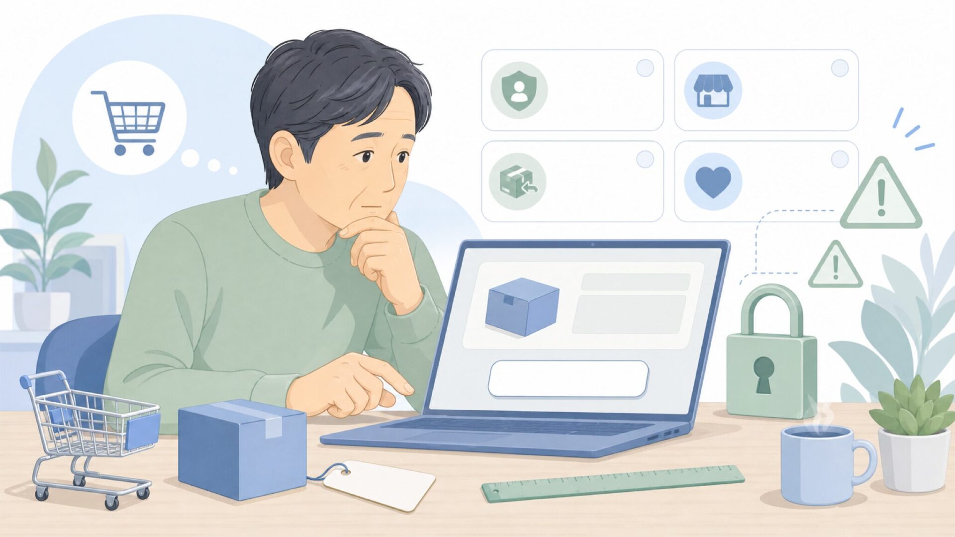 購入直前のリスク確認をするイラスト