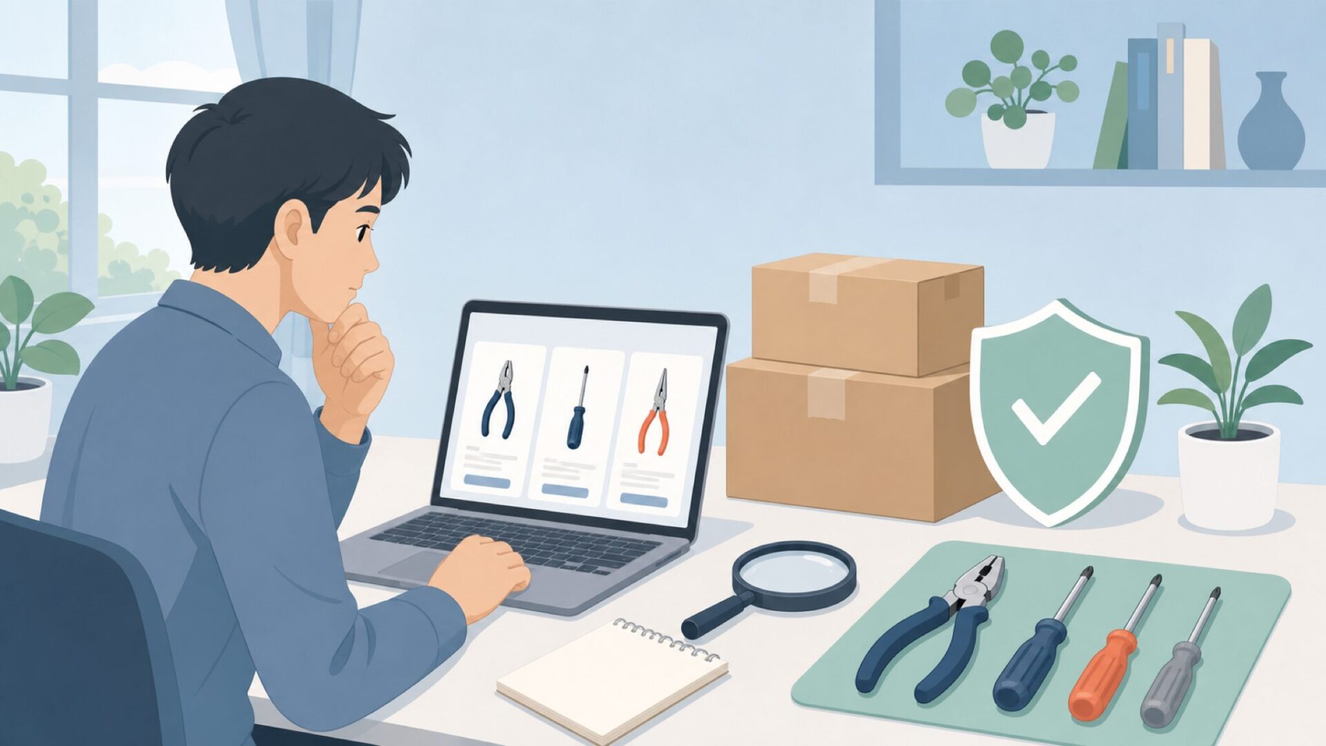 安全な購入経路を確認する工具購入者のイラスト