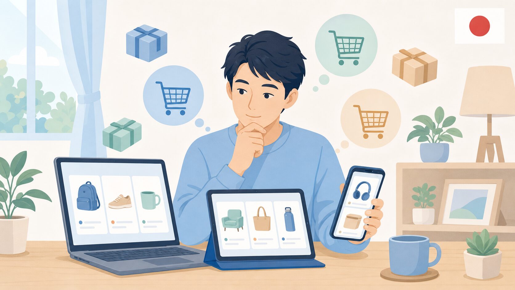 複数のデバイスで購入ルートを比較する男性のフラットイラスト