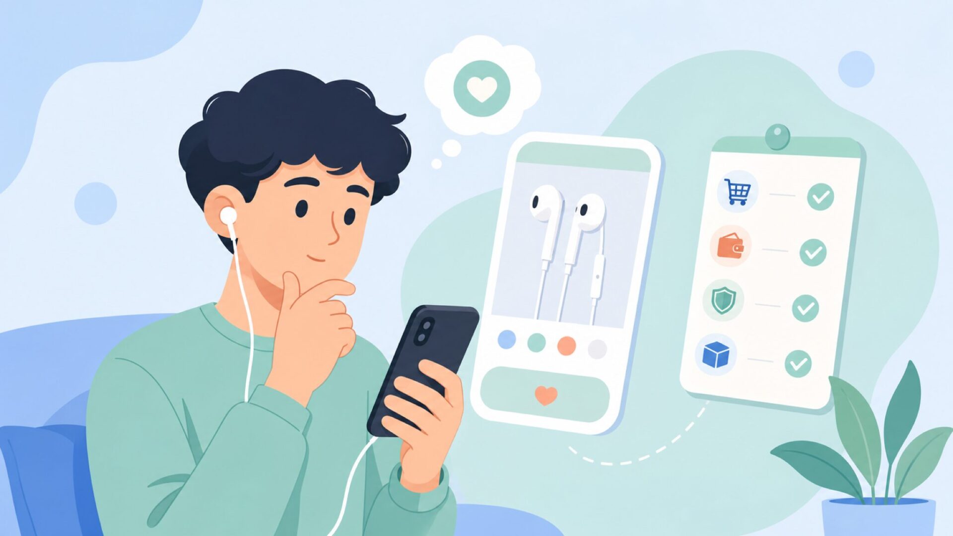 スマートフォンで商品を確認しチェックリストを持つ人物のイラスト