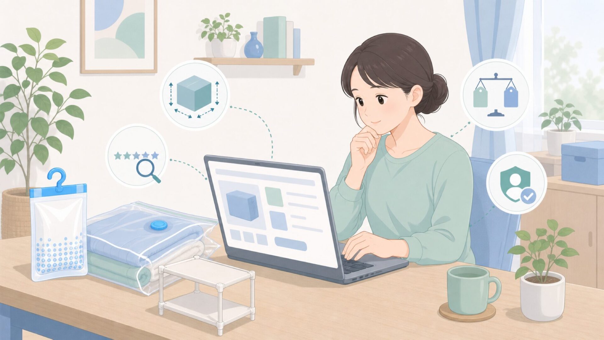 レビューや価格を確認して購入する女性
