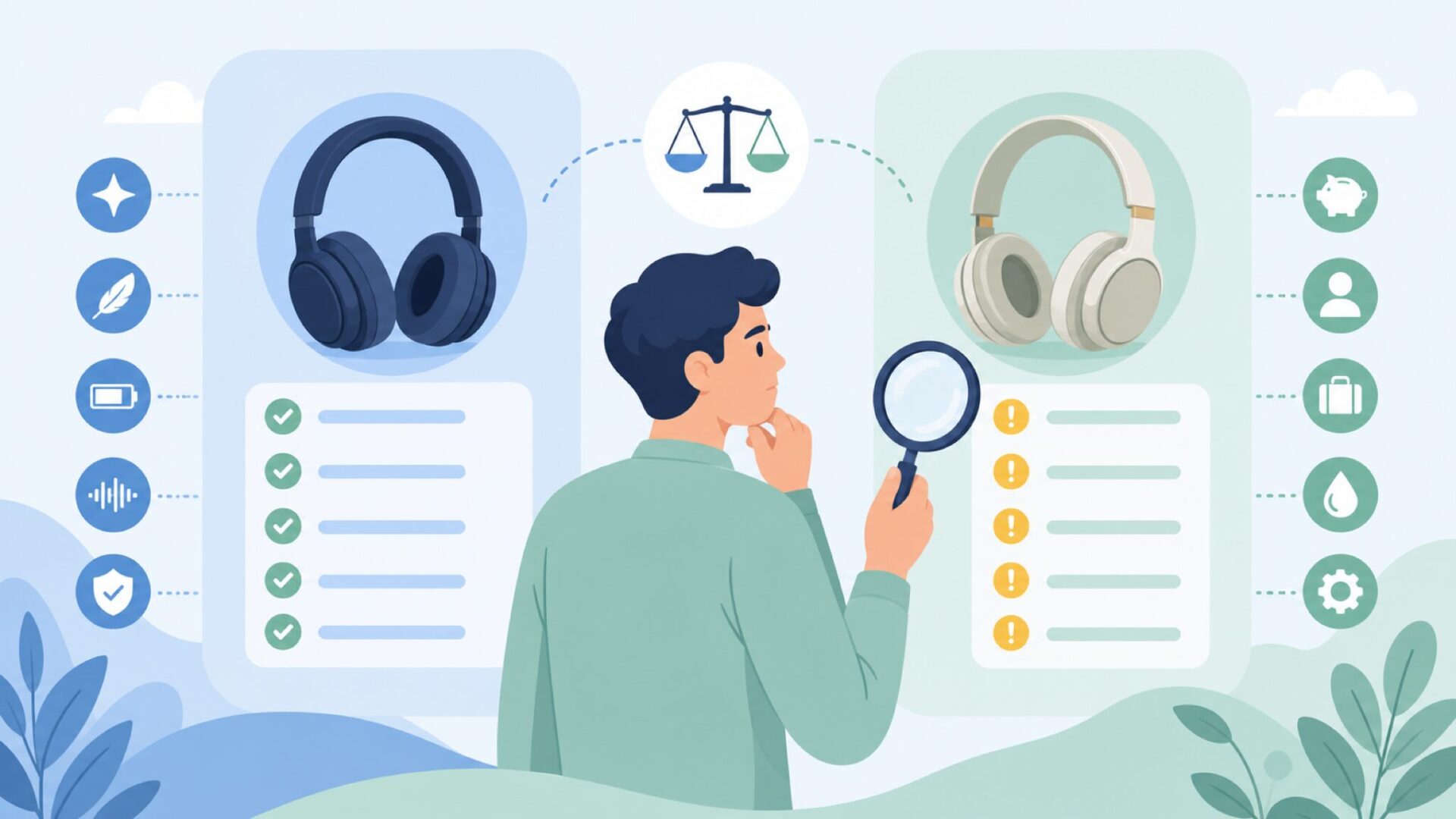 製品を比較検討する慎重なユーザーのイラスト