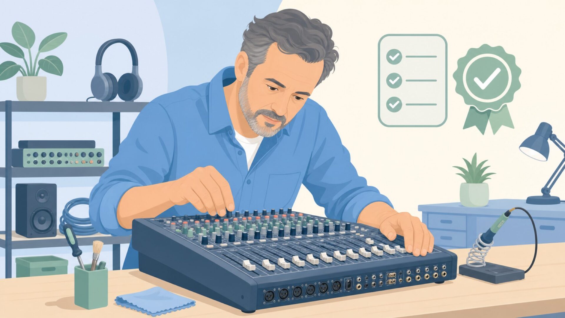音響機器の品質を確認するエンジニアのイラスト