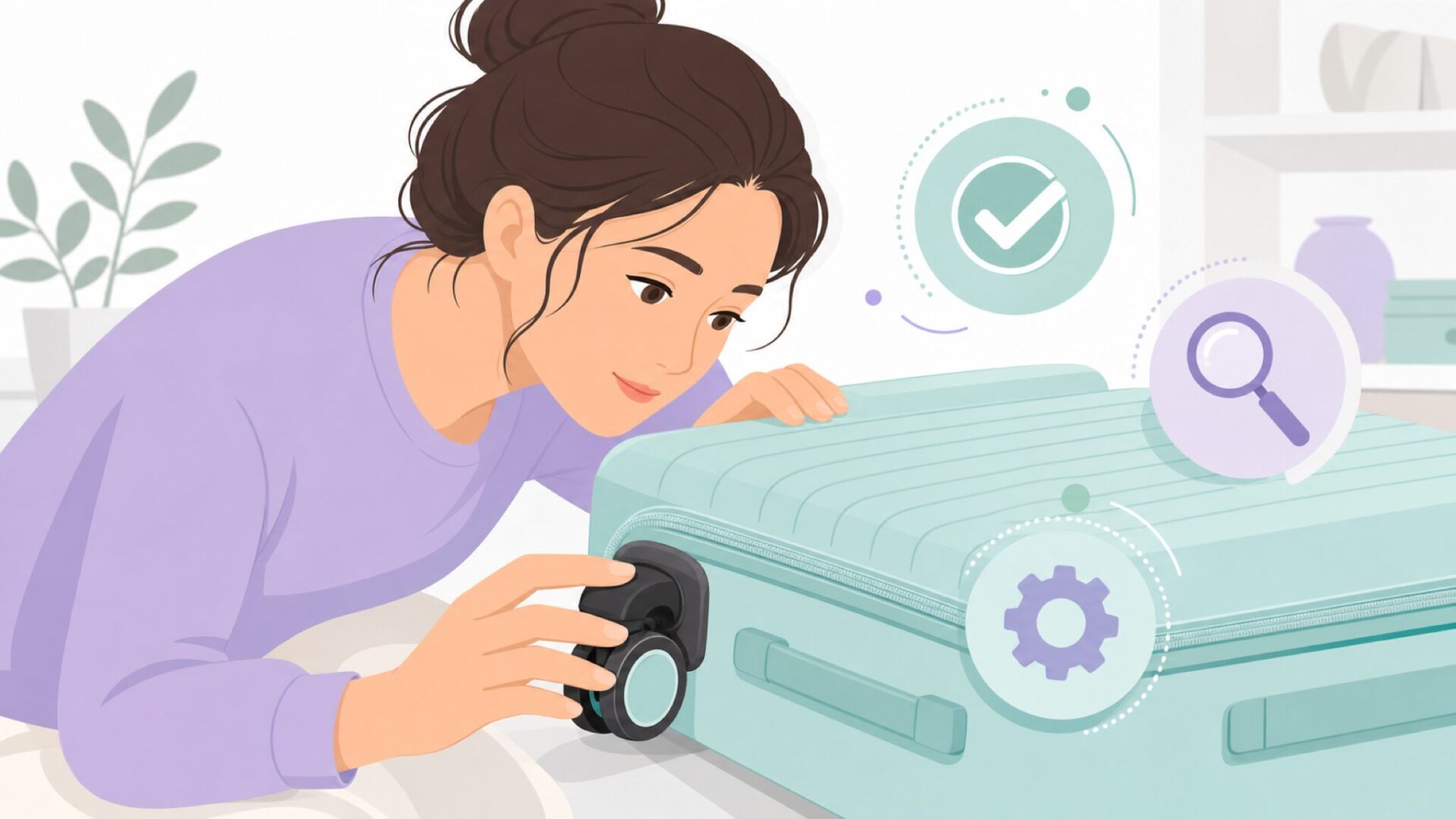 スーツケースのキャスターとファスナーを丁寧に確認する女性のイラスト