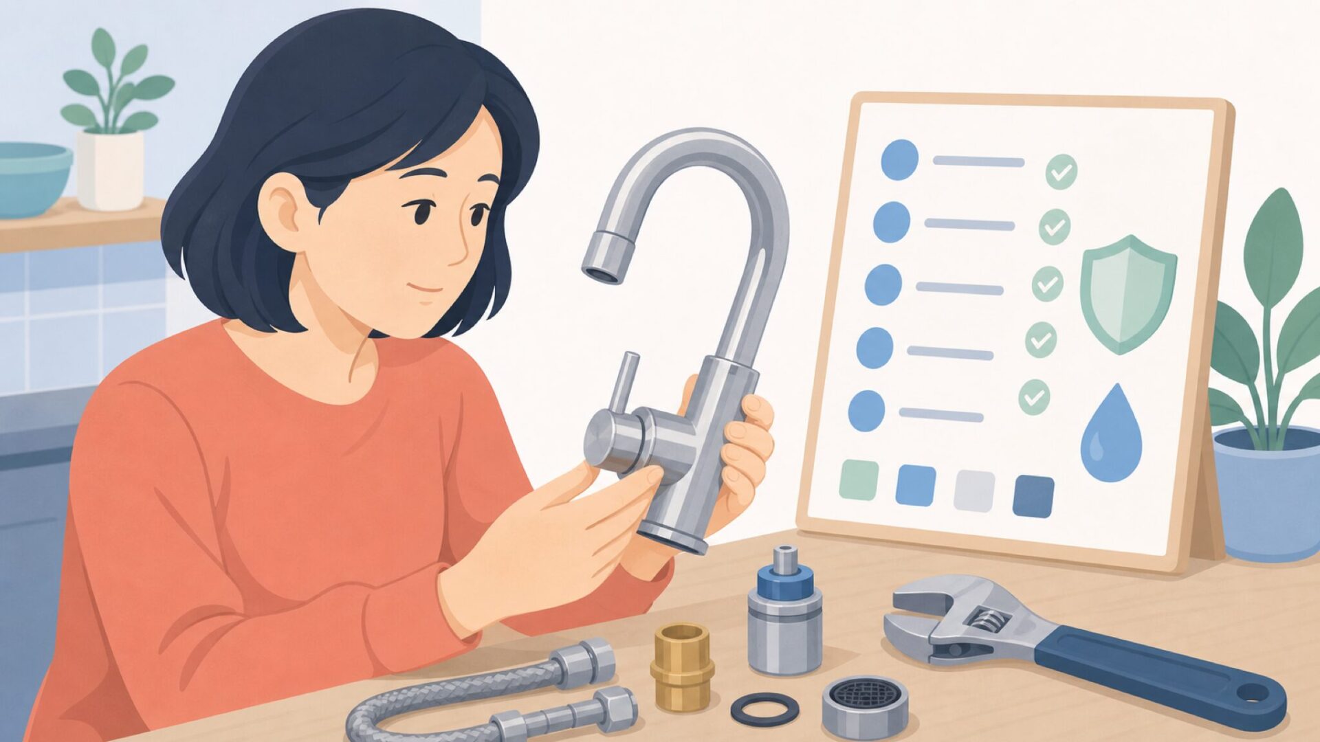 水栓部品の品質を確認する作業台のイラスト