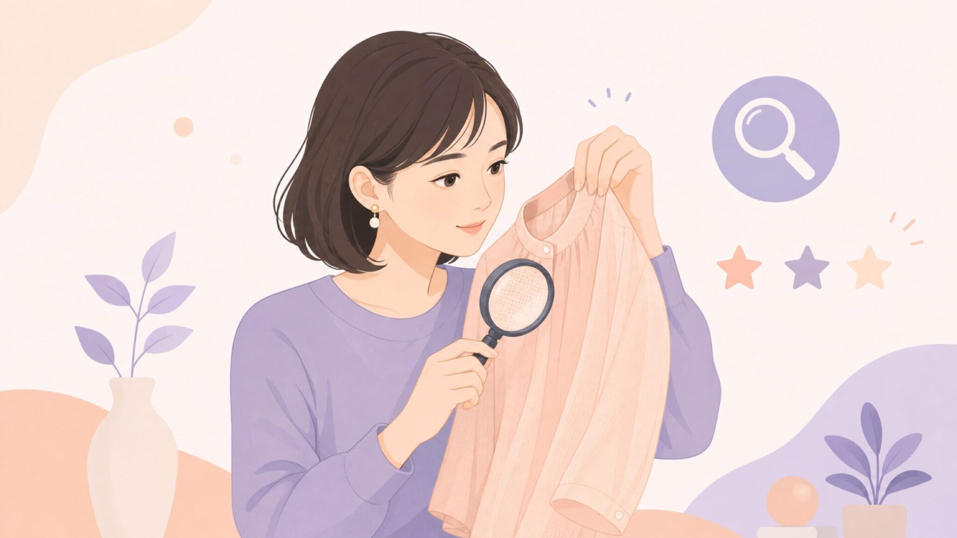 洋服の品質を丁寧に確認する女性のフラットイラスト