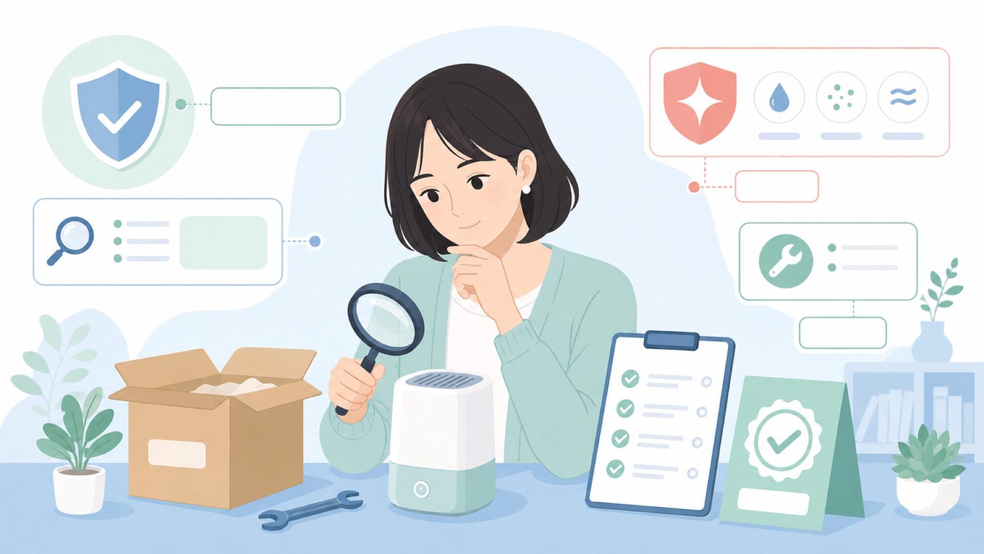 品質と安全性をチェックする女性のイラスト