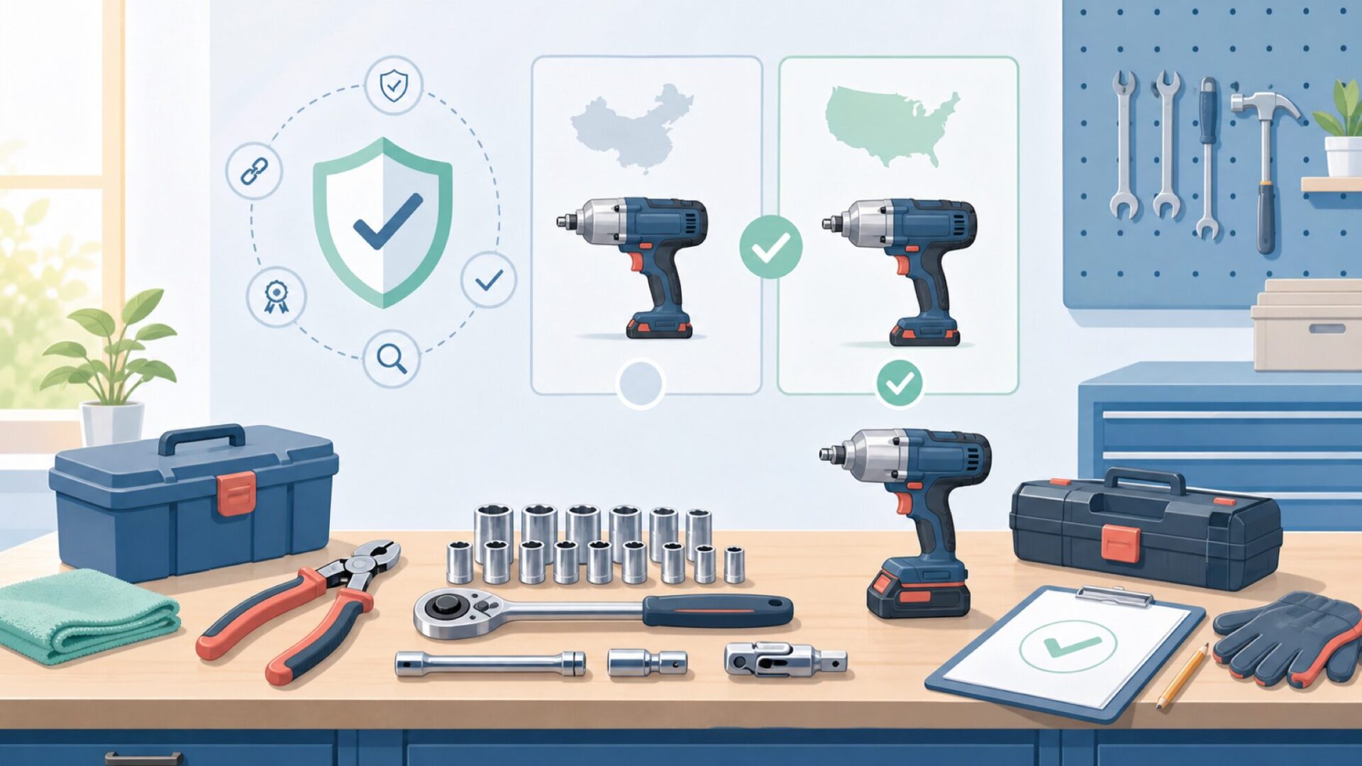 中国製でも大丈夫?RIDGID電動工具の品質と信頼性を表すイラスト