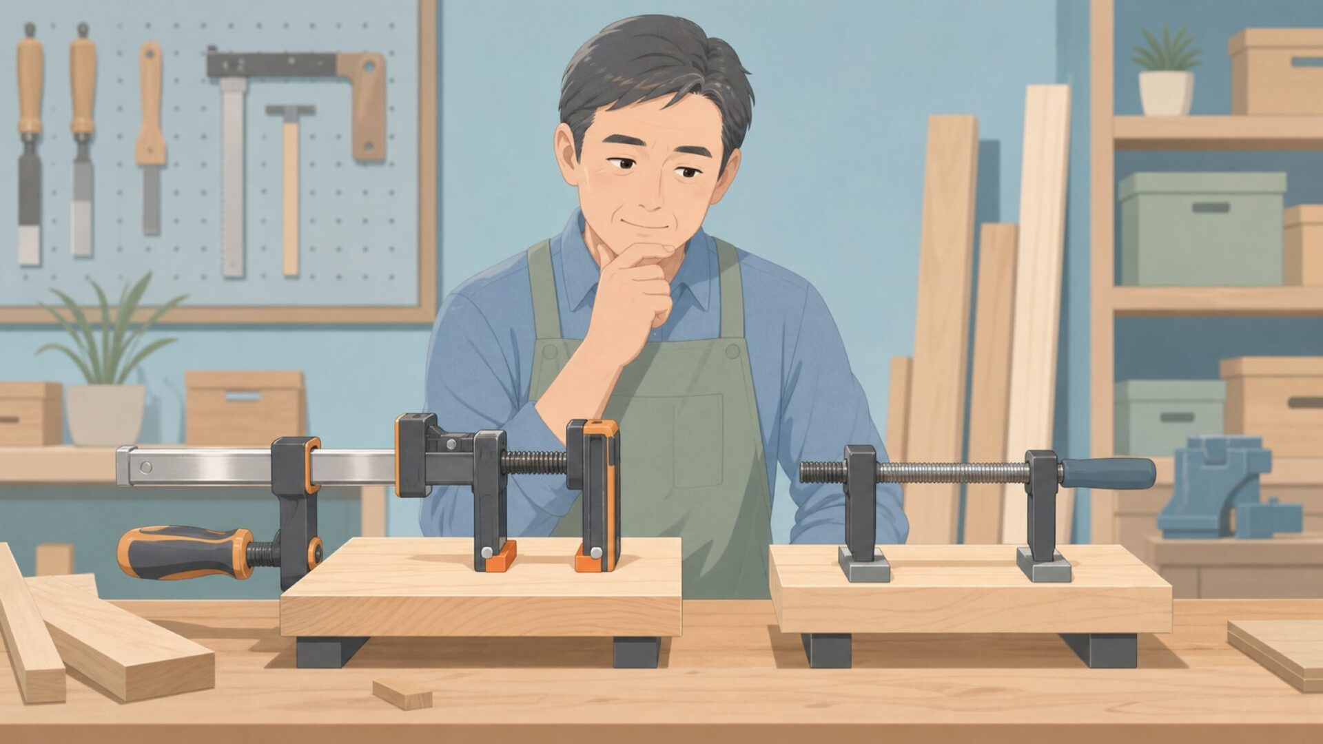 クランプの品質と価格を比較する作業者