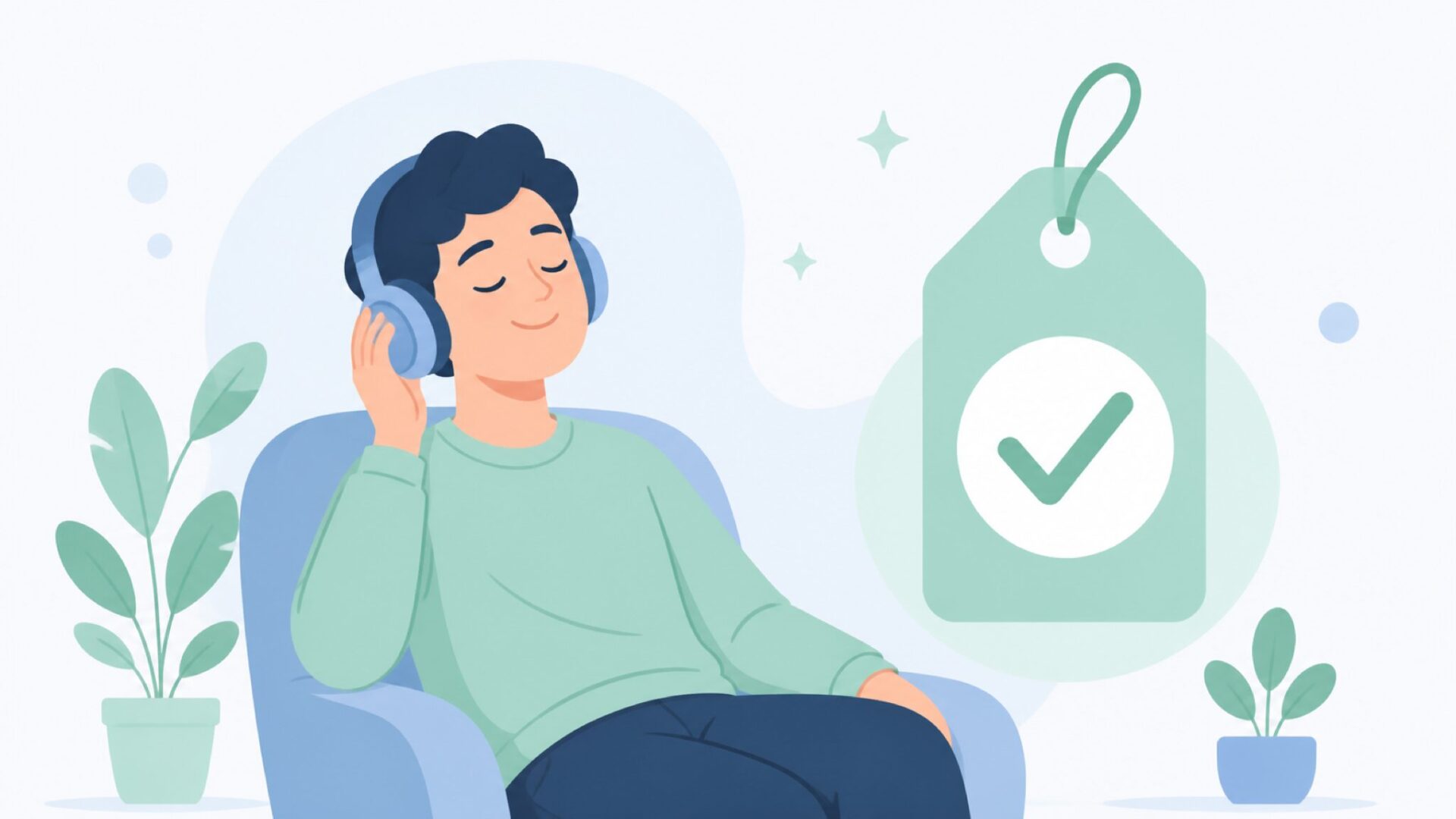 ヘッドフォンを着けてリラックスする人物と価格タグのイラスト