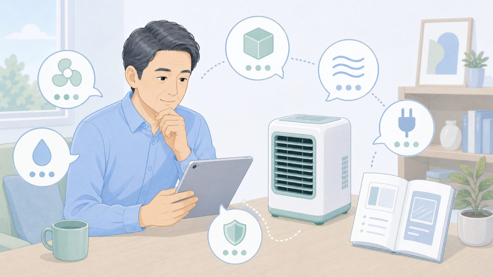 疑問を解消しながら家電を選ぶ場面