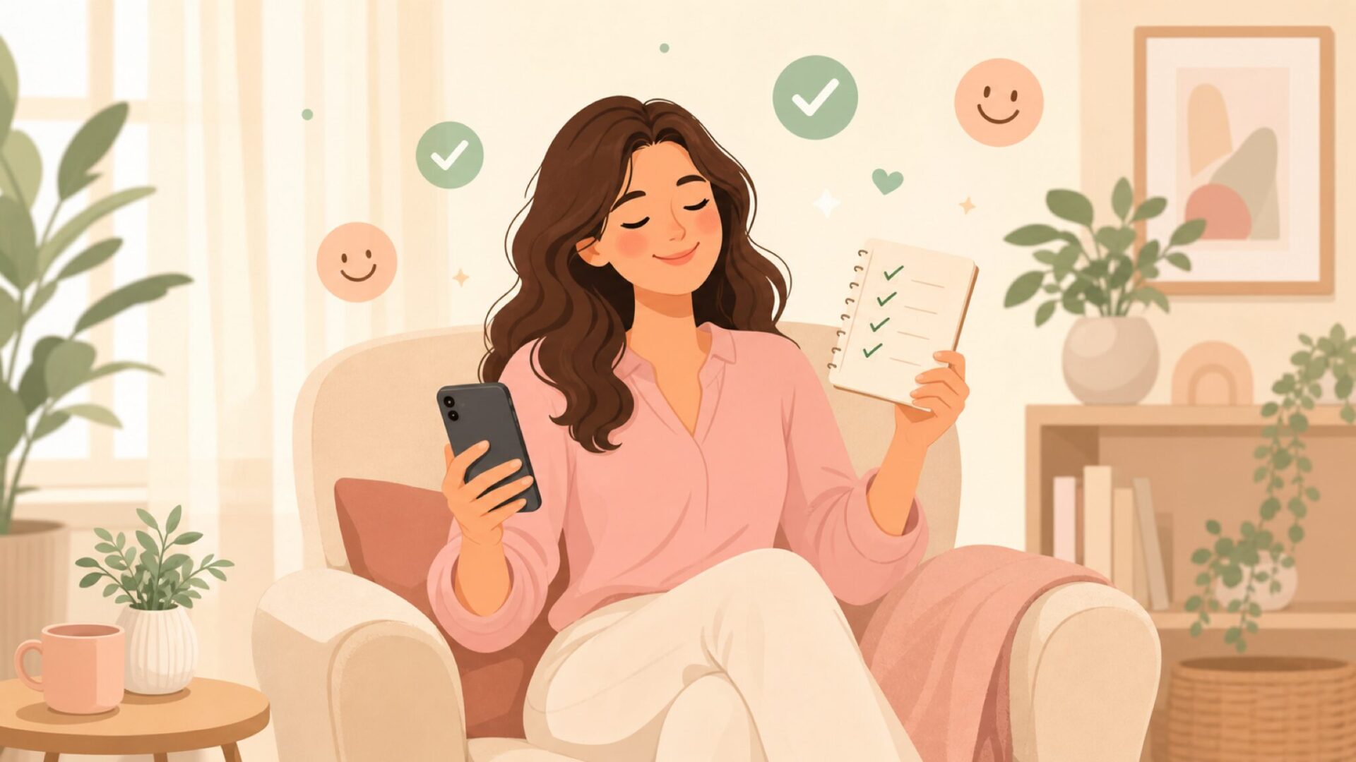 疑問を解消して安心した表情でスマホを持つ女性のイラスト