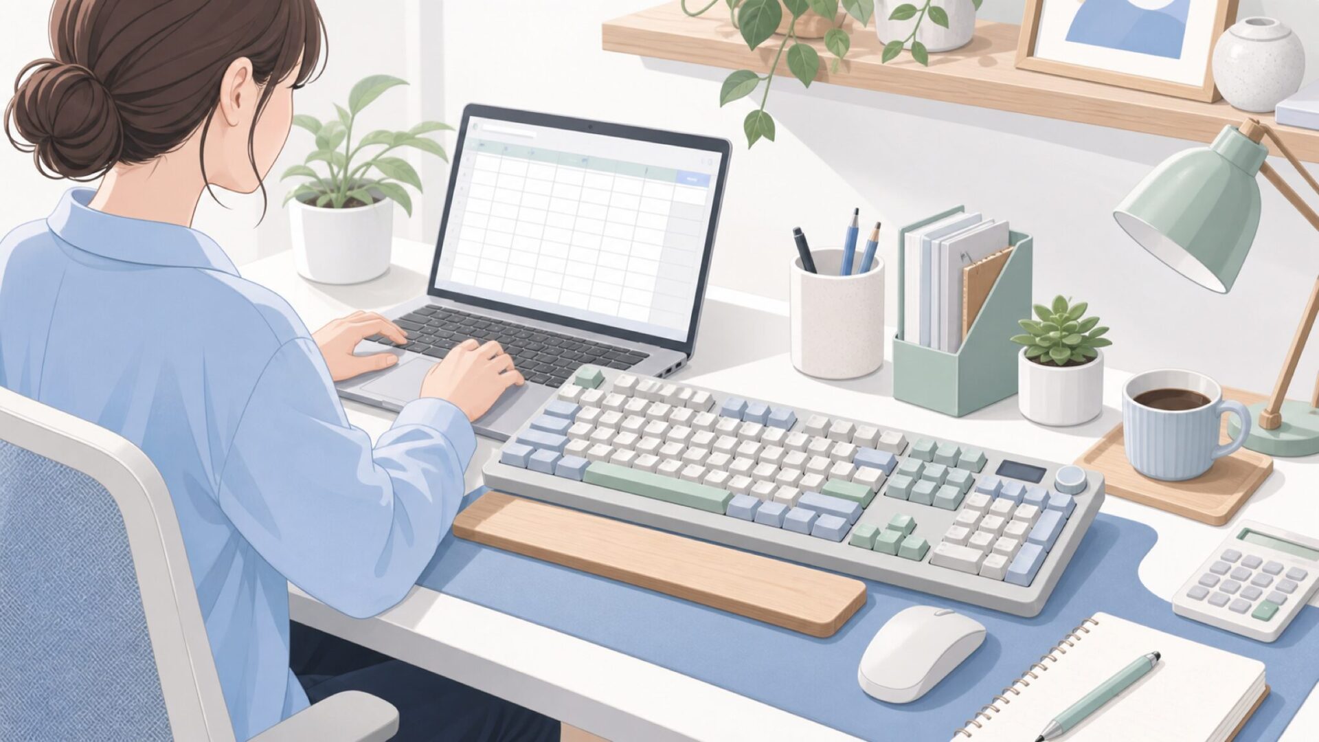 テンキー付きキーボードで作業するイラスト