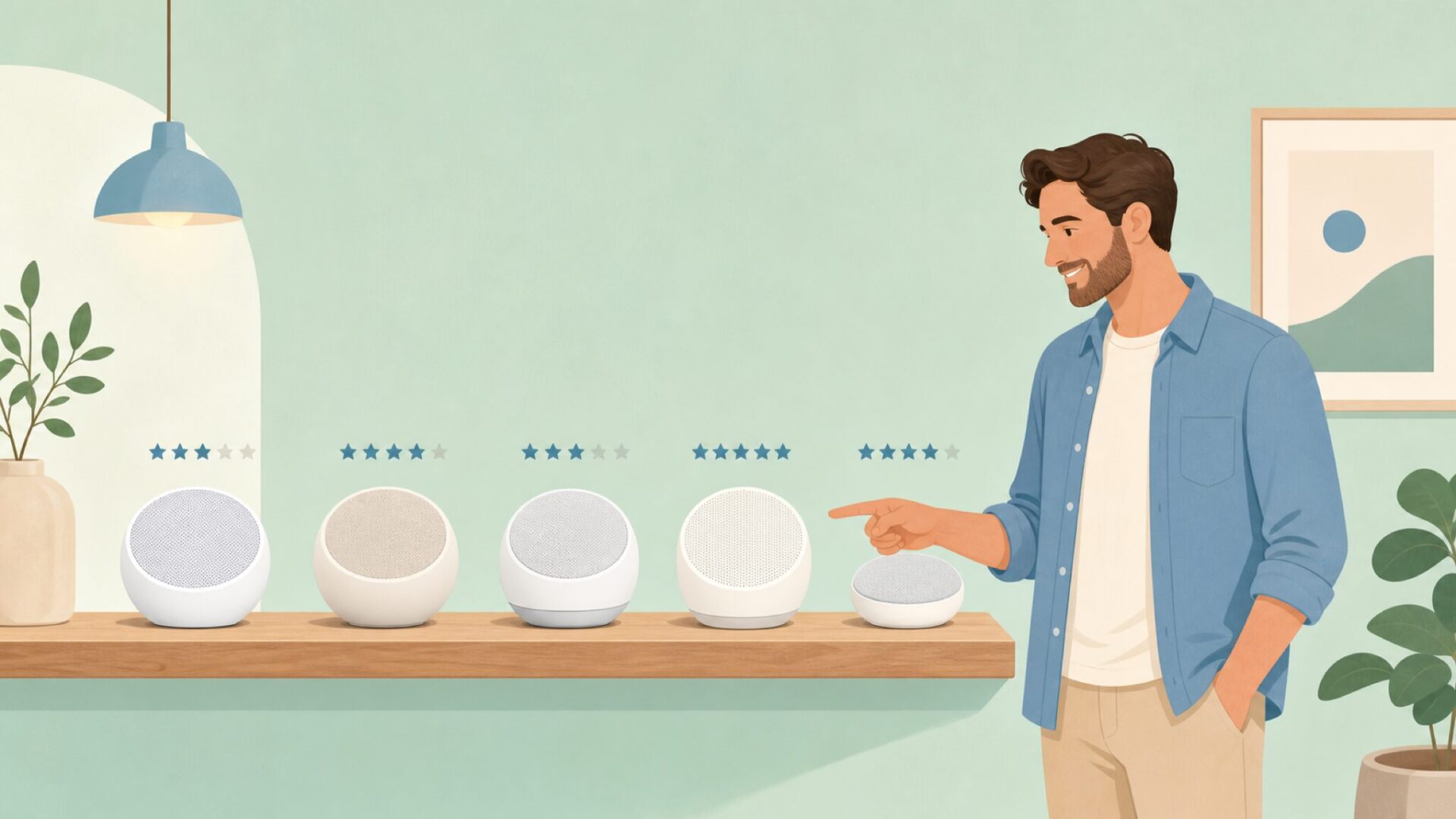 棚に並んだ5台のスピーカーを指さす男性のイラスト
