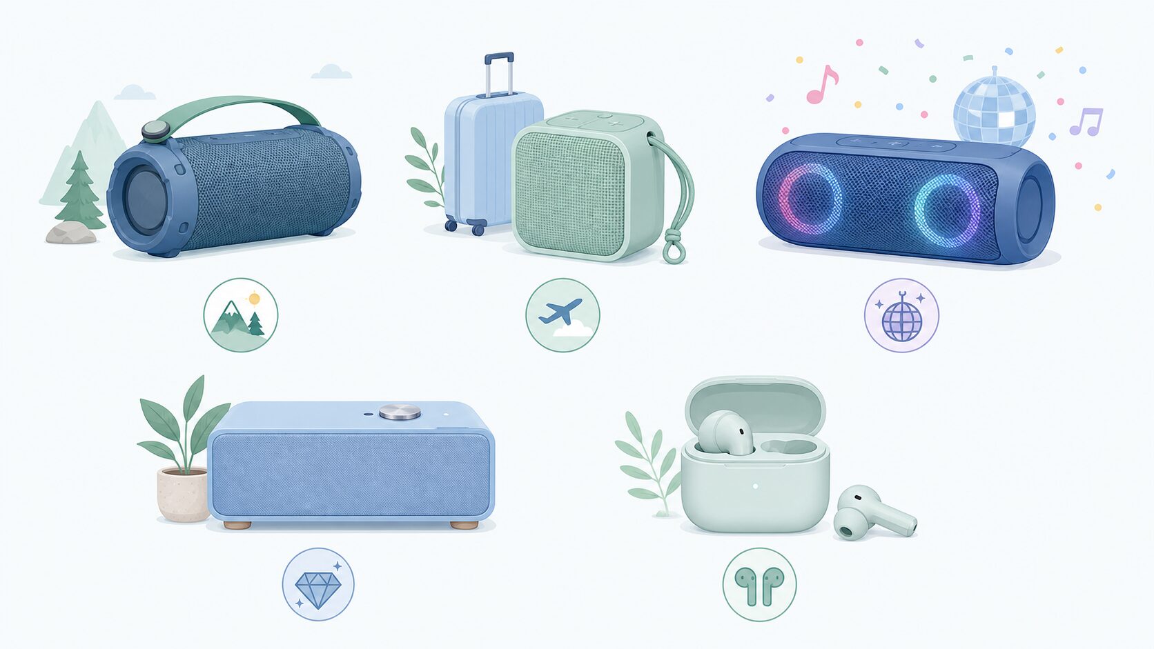 用途別アイコン付きBluetoothスピーカー・イヤホン5製品のグリッド展示フラットイラスト