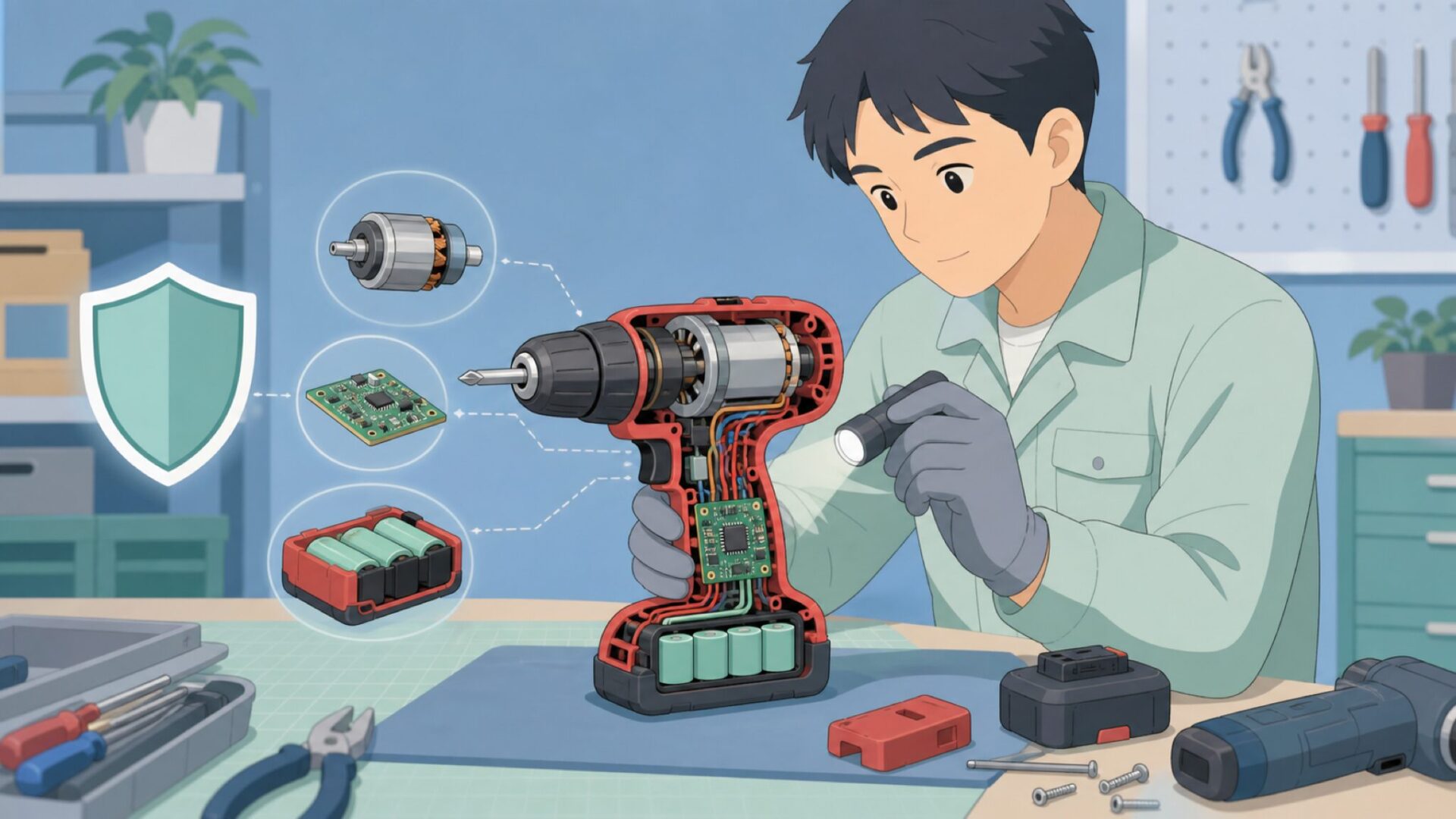 赤い電動工具の内部技術を点検する作業者