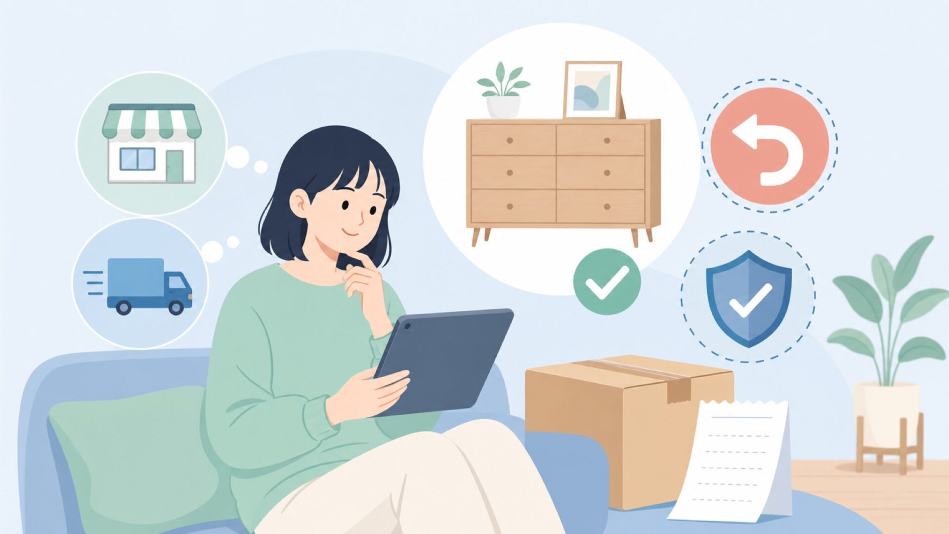 返品や保証条件を確認する買い物場面