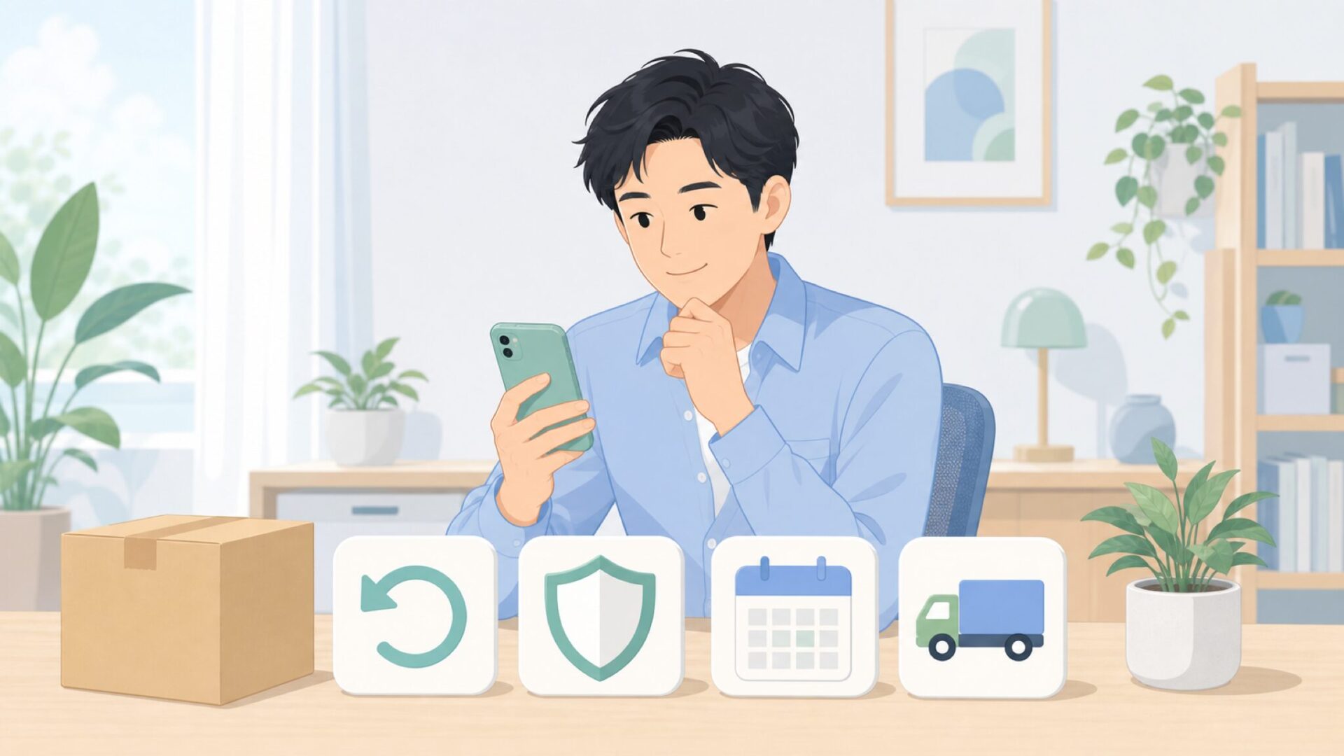 返品や保証条件を確認する人物