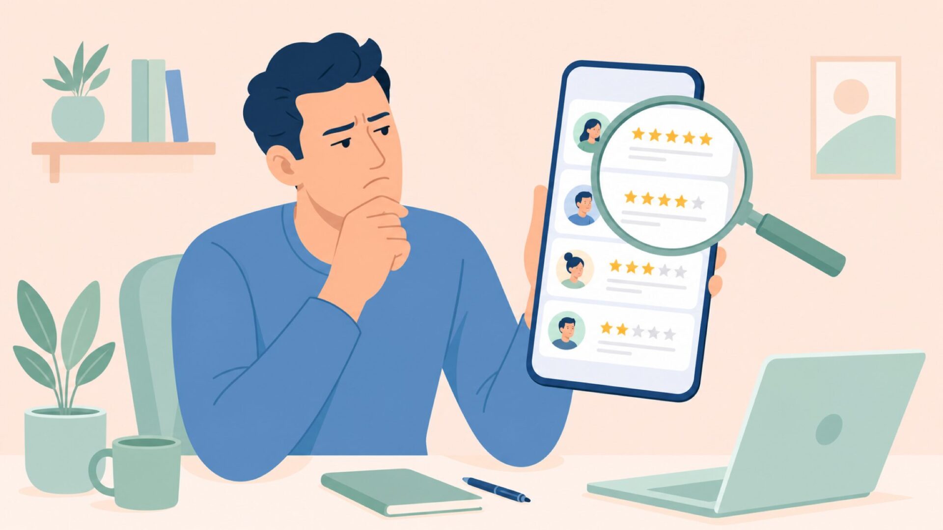スマートフォンのレビューを虫眼鏡で確認する男性のイラスト