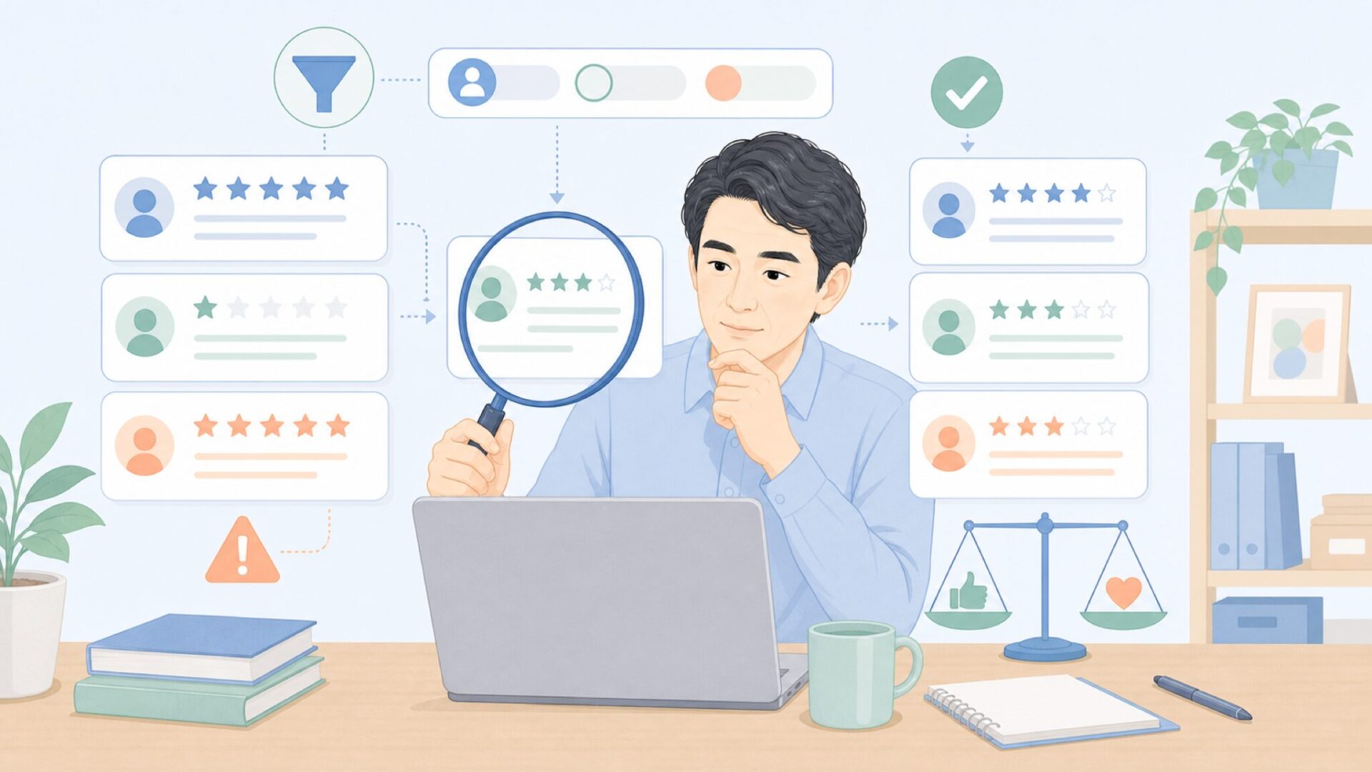 口コミの信頼性を分析する人物のイラスト