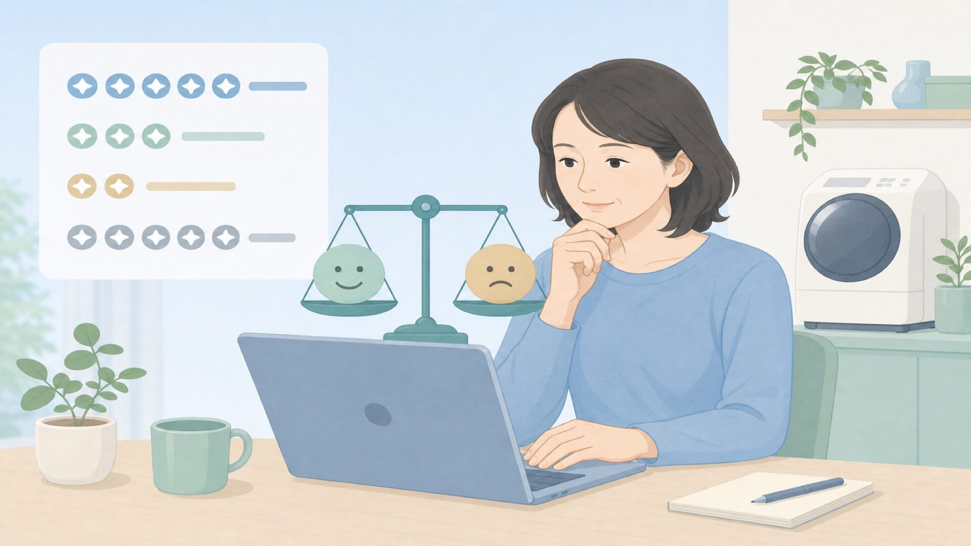 良い口コミと悪い口コミを比較する女性