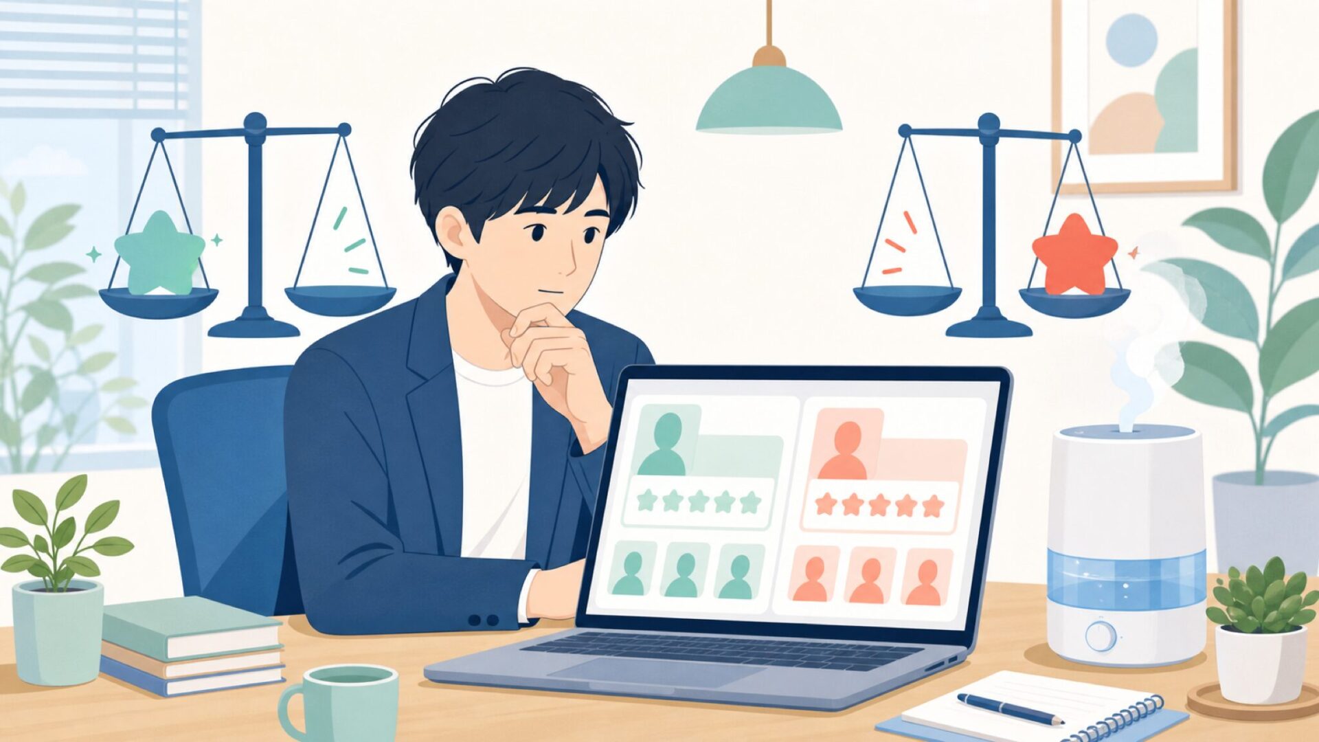良い口コミと悪い口コミを比較する人物