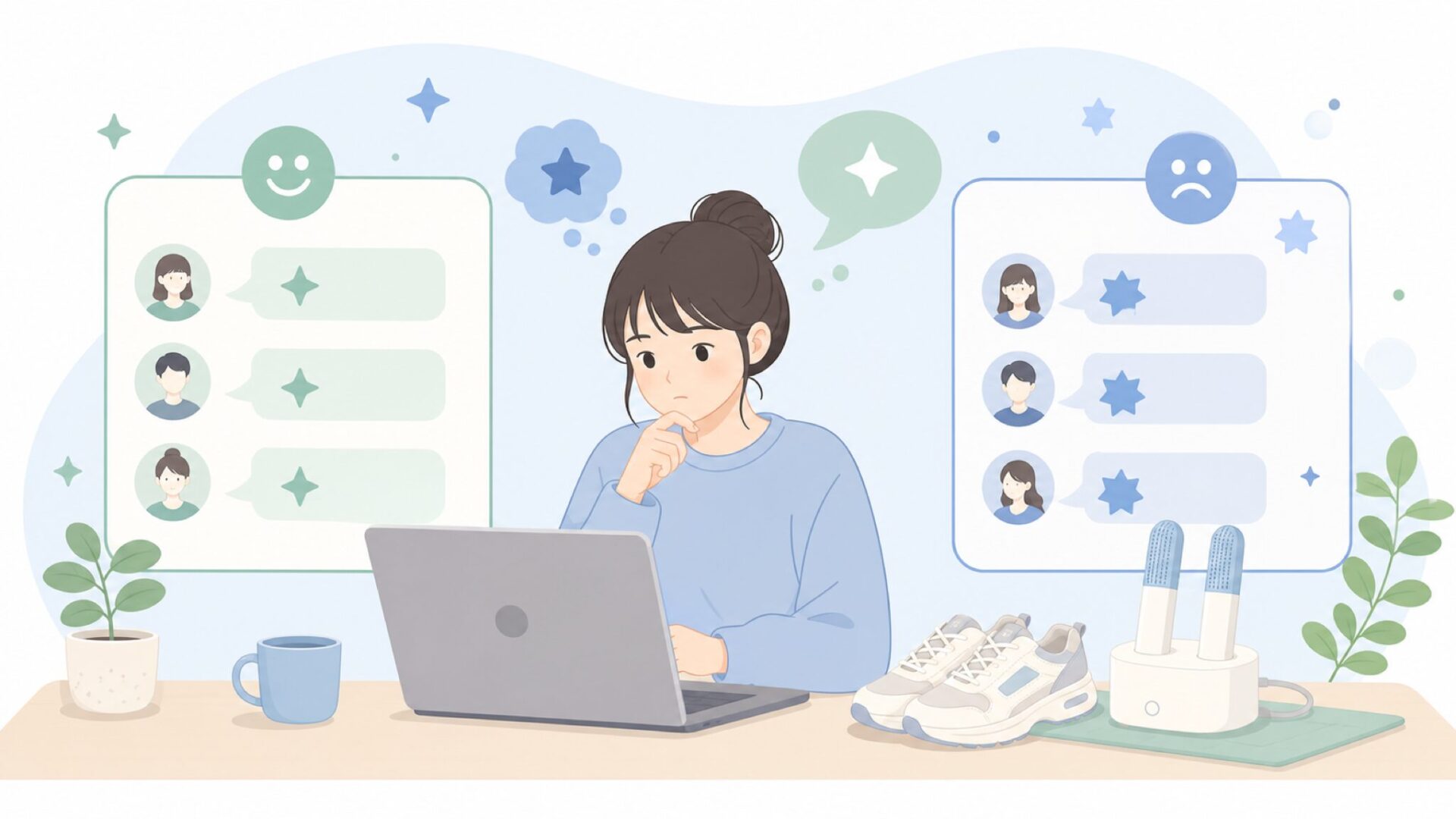 口コミの良い点と悪い点を比べるイラスト