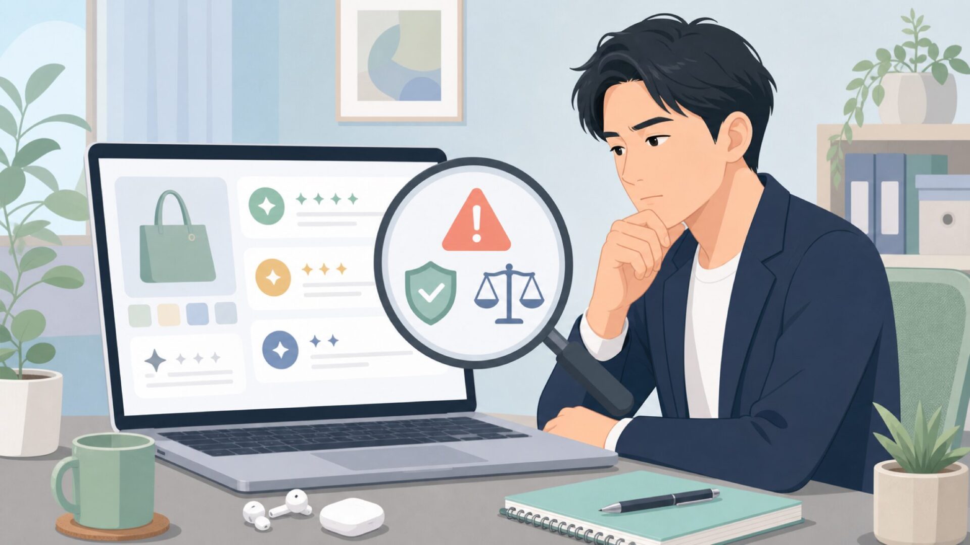 口コミと信頼性を確認する人物のイラスト