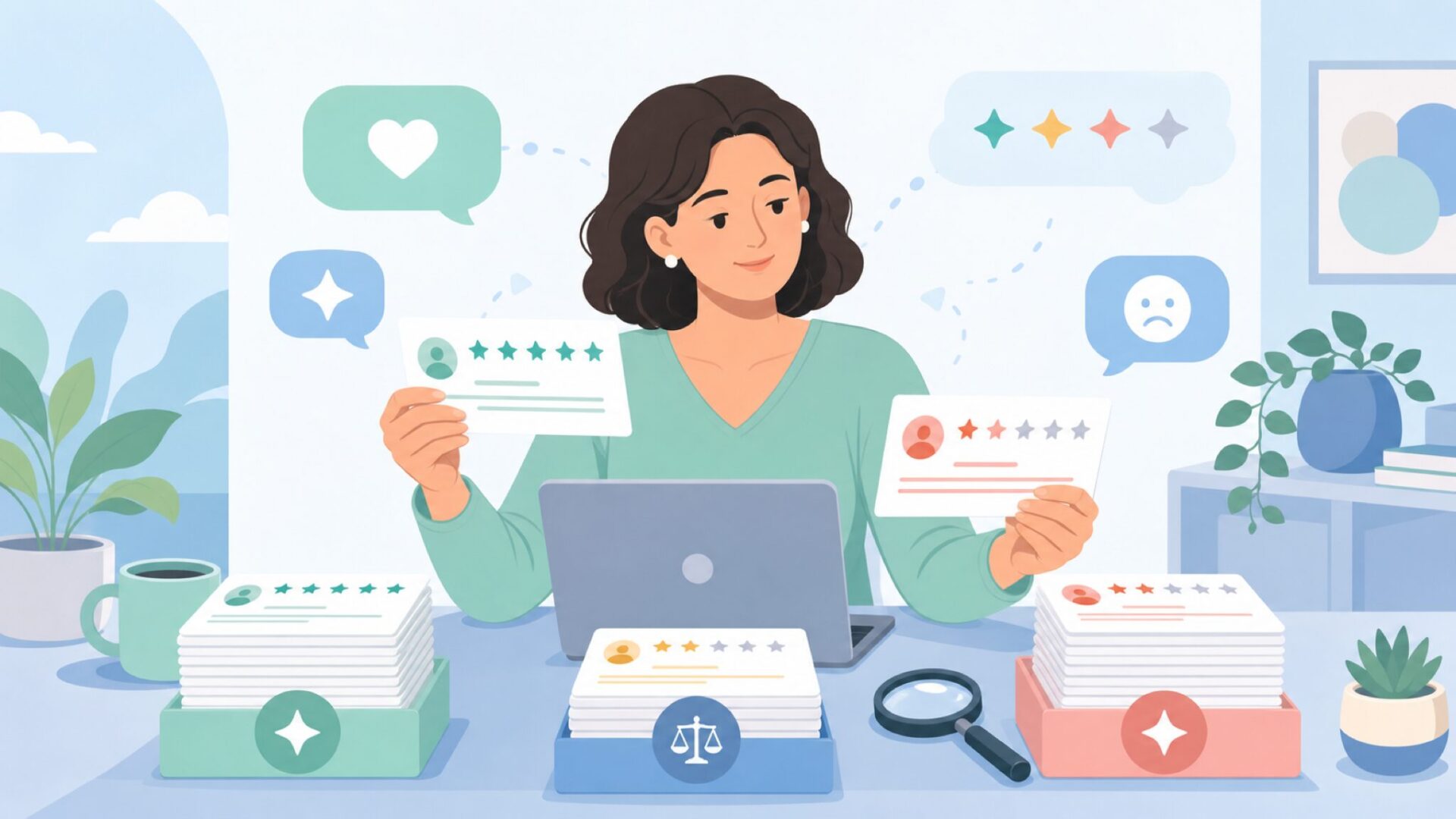 口コミを冷静に確認する人のイラスト