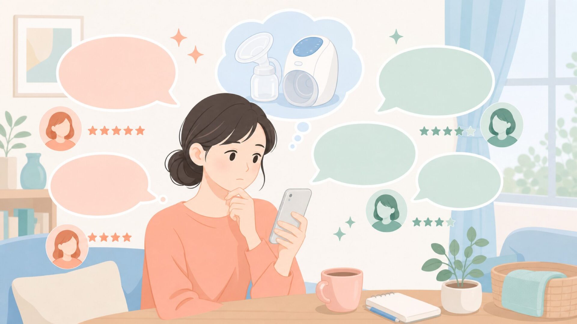 口コミを確認して購入を検討する母親のイラスト