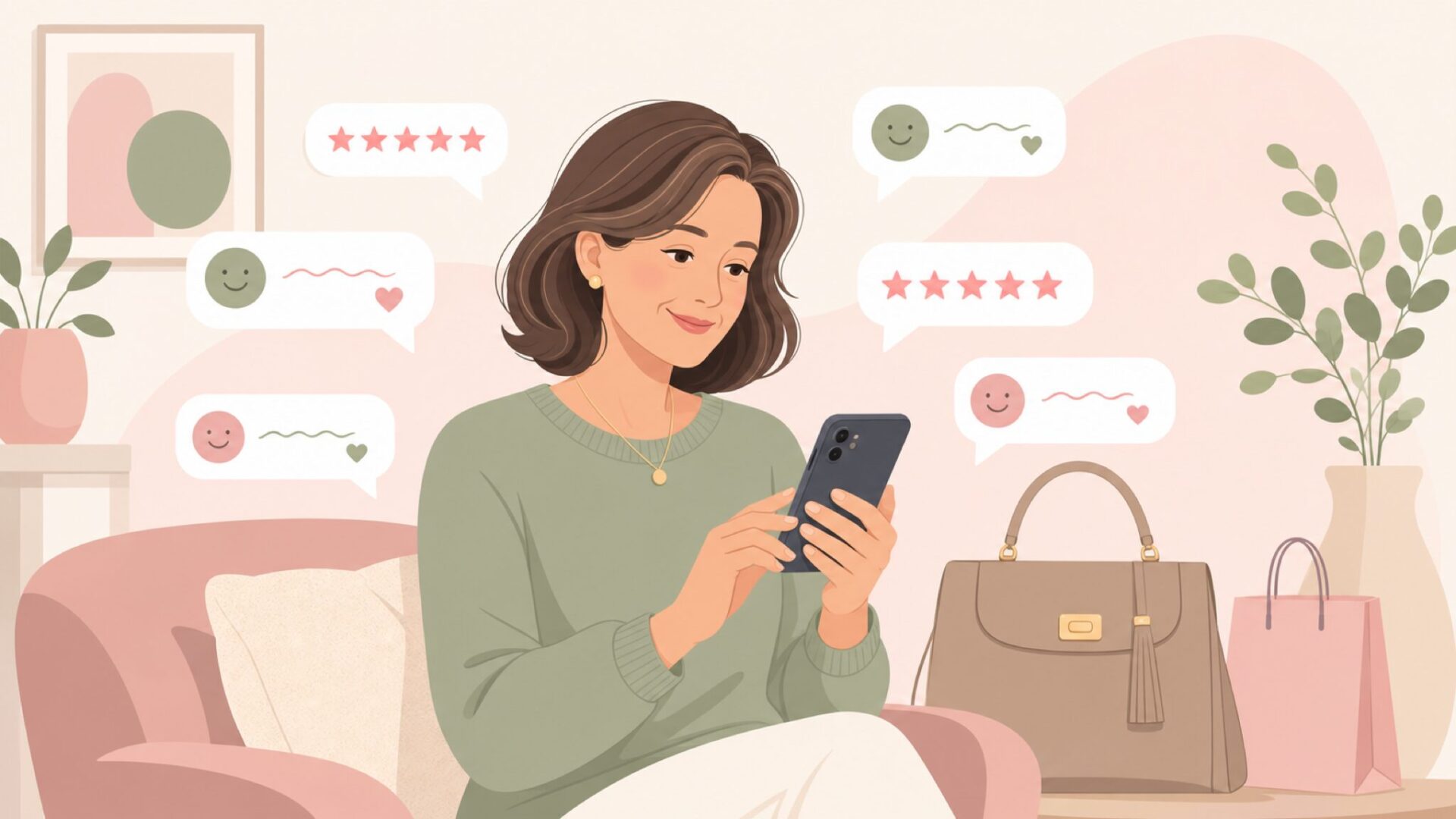 スマートフォンで口コミを確認する女性のイラスト