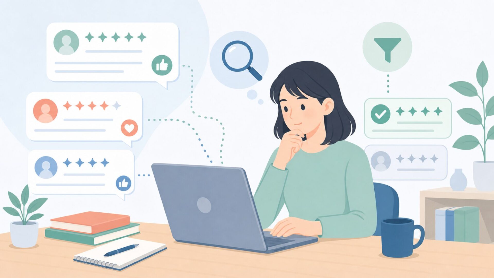 口コミの信頼性を確認する人物のイラスト