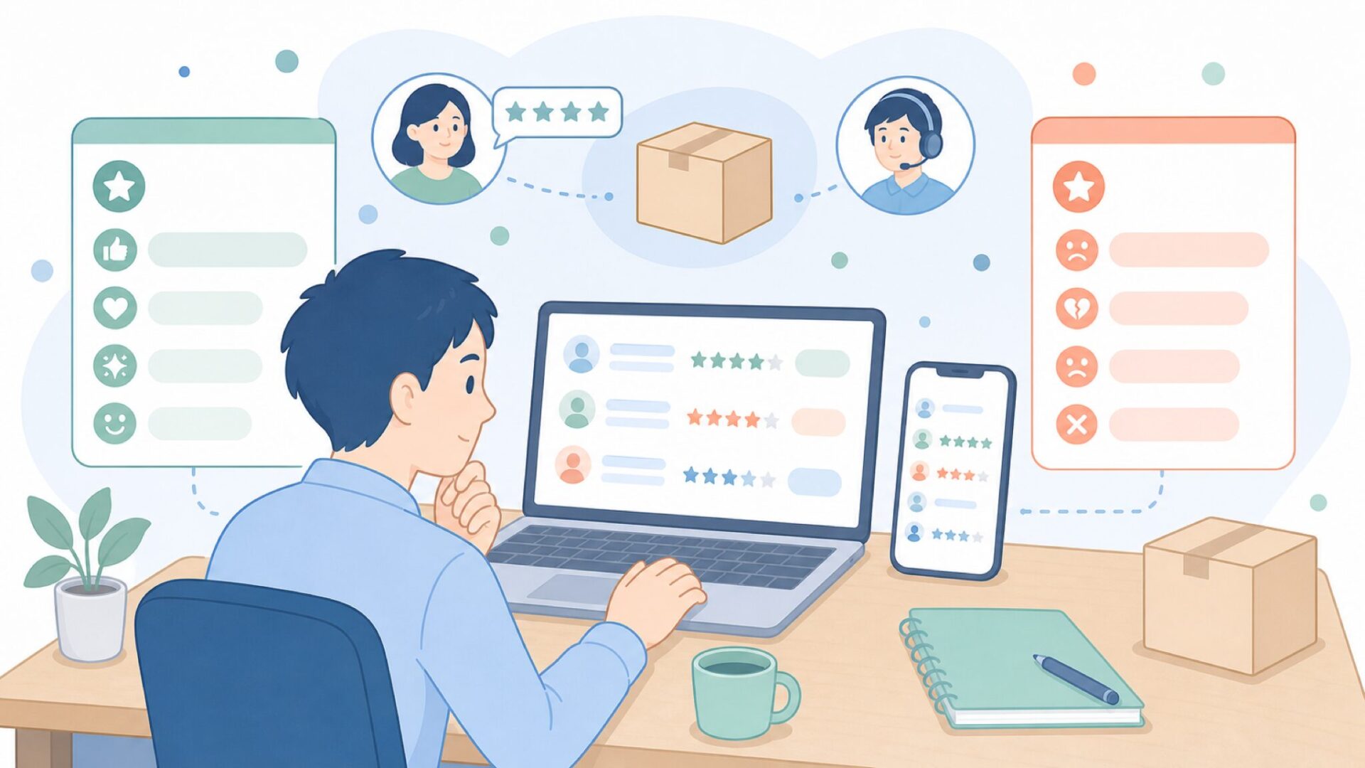 口コミから品質を確認する人物のイラスト
