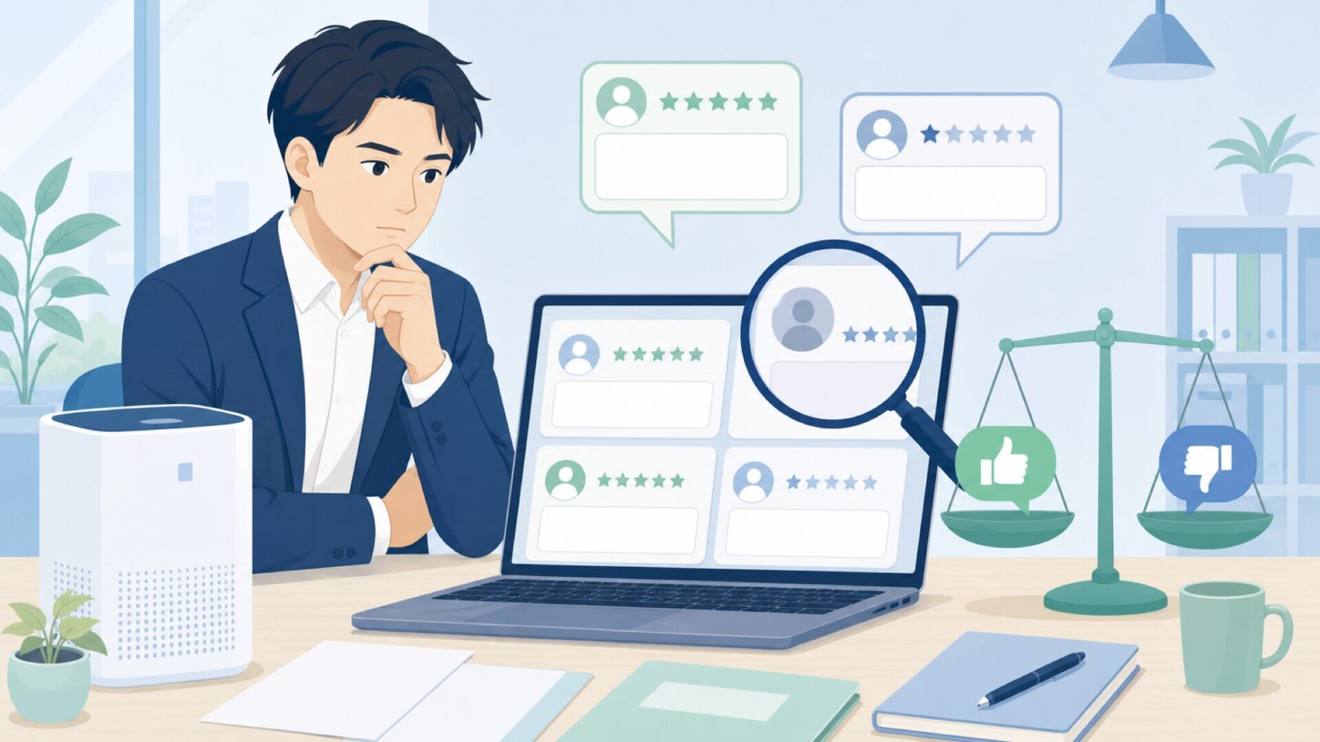 口コミとレビューを慎重に確認する人物