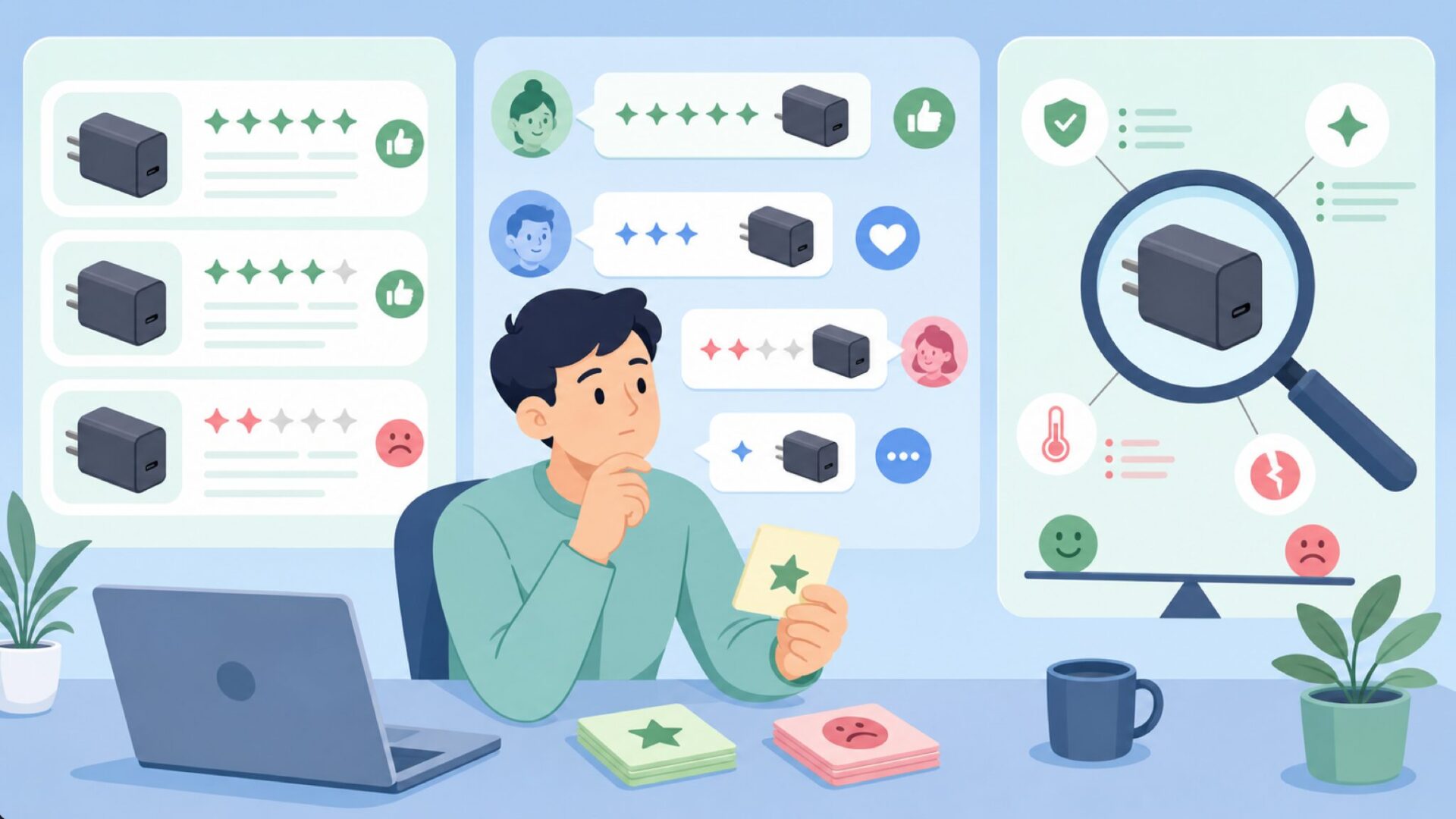 複数の口コミ情報を確認する人のイラスト