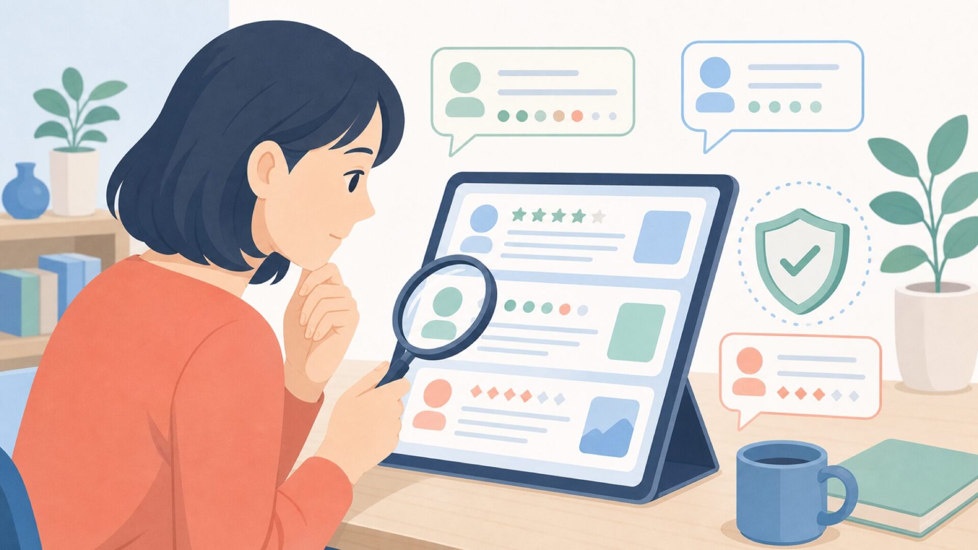 レビューの信頼性を見比べる人物のイラスト