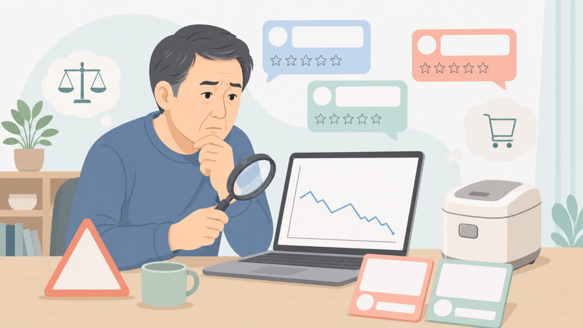 レビューと価格情報を冷静に比較する様子