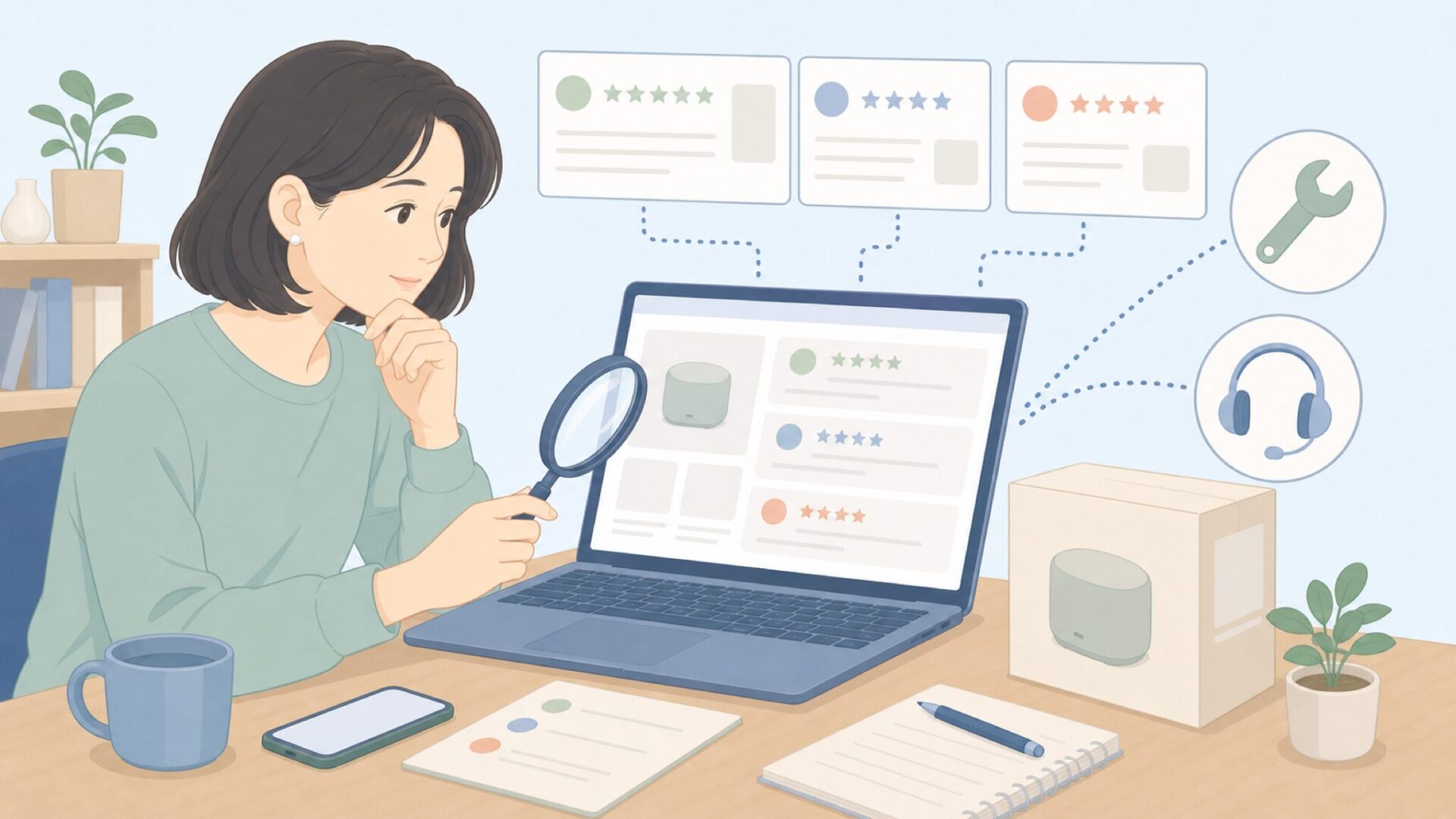 レビューを読み品質を見極める人のイラスト