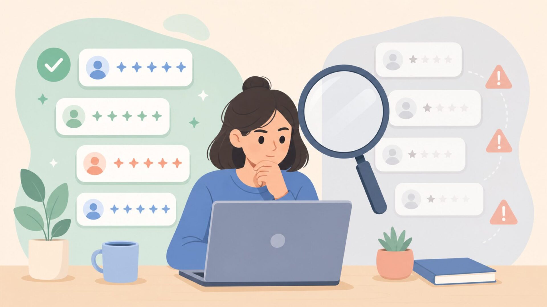 レビューを見極める買い物客のイラスト