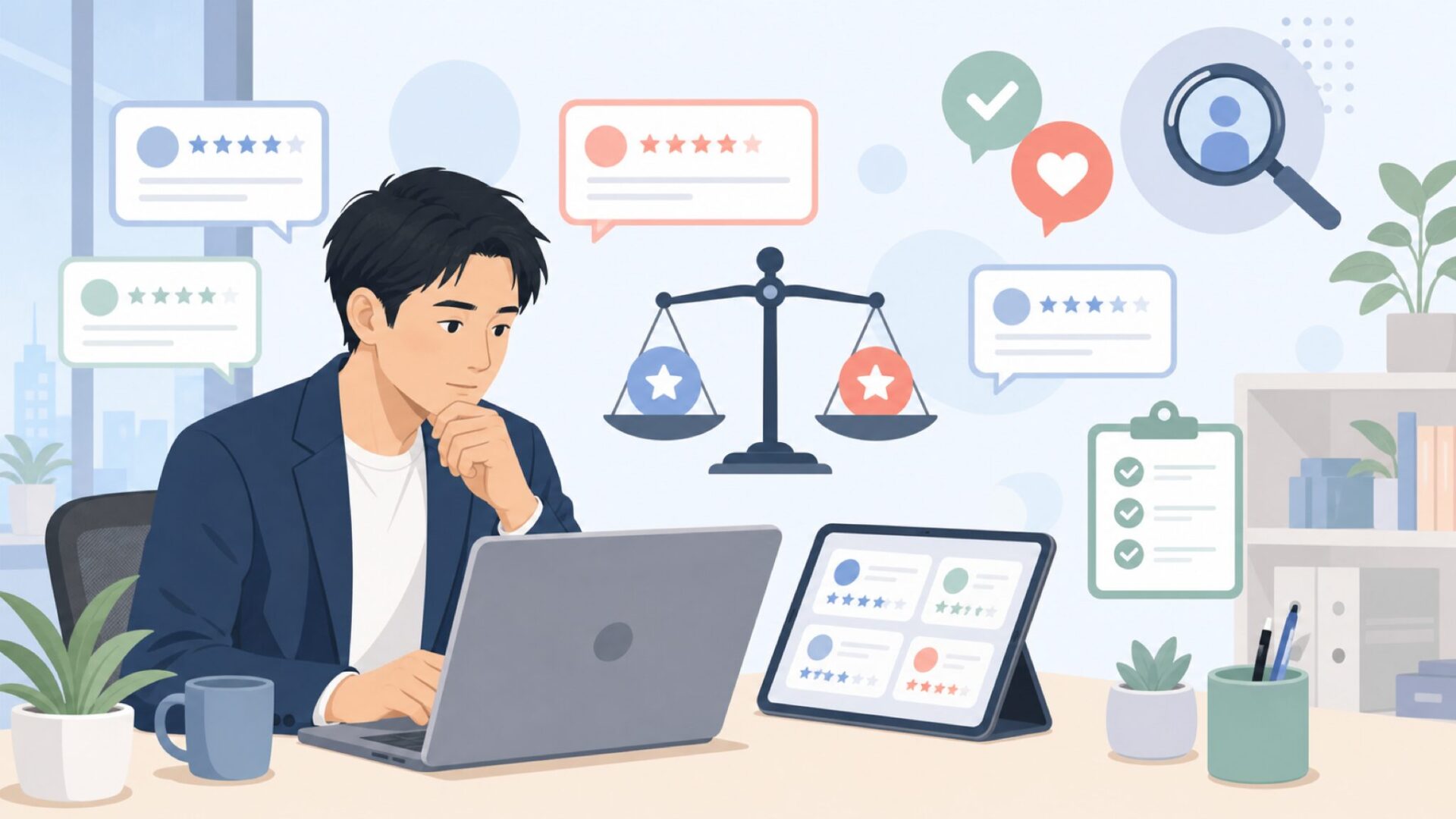 レビューを冷静に比較する人物のイラスト