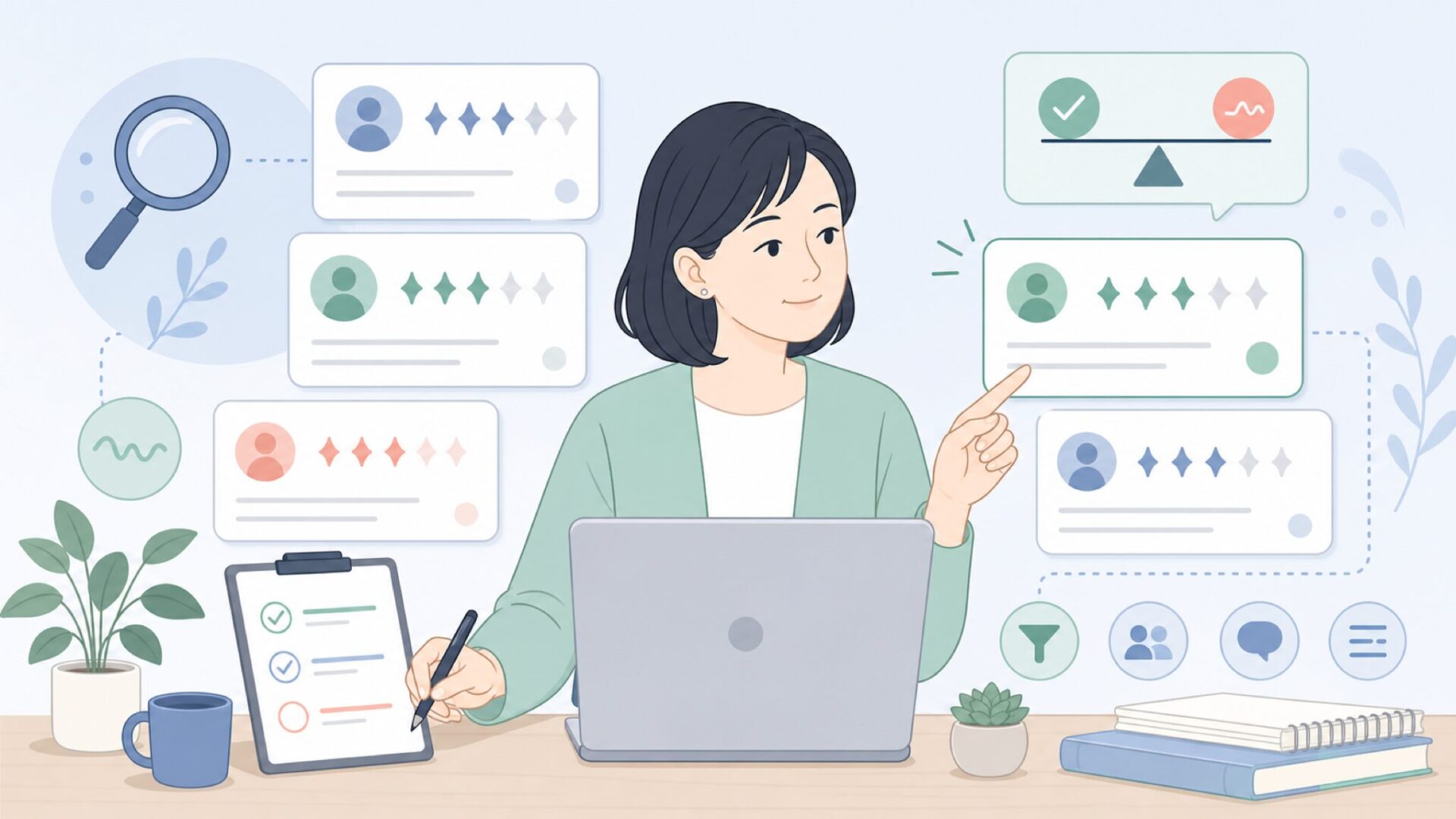 口コミを見比べる女性のイラスト
