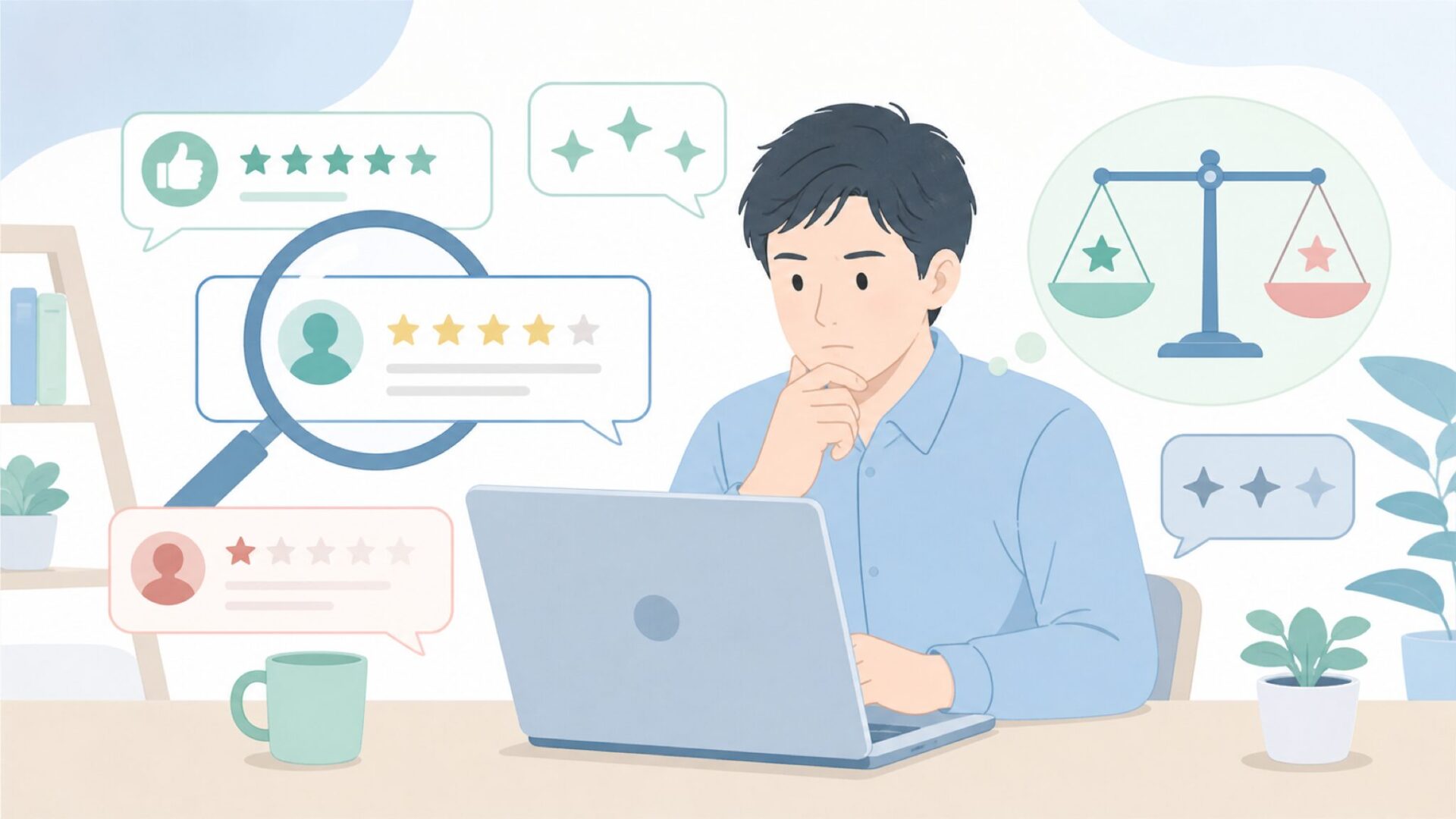 レビューの信頼性を慎重に確認する人物