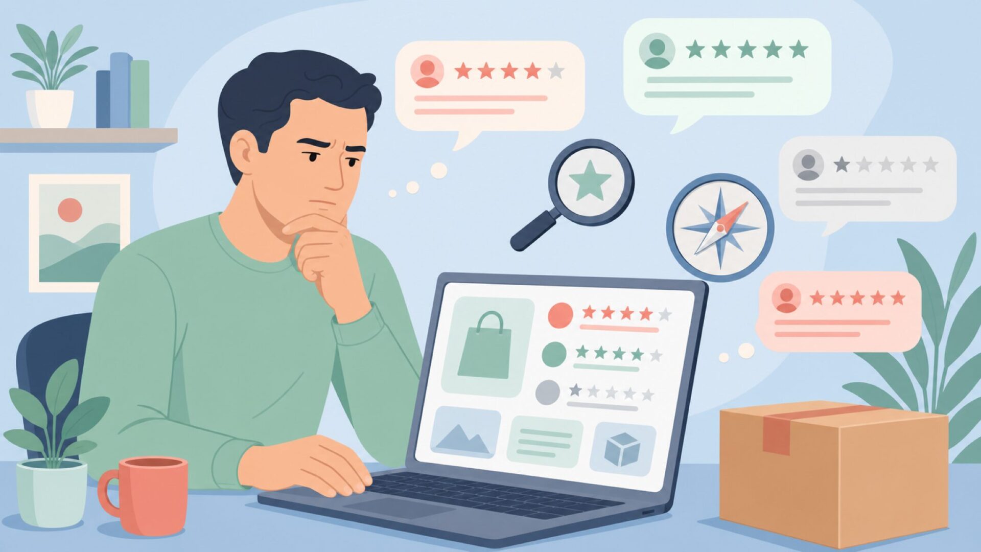 口コミを慎重に見極める人のイラスト
